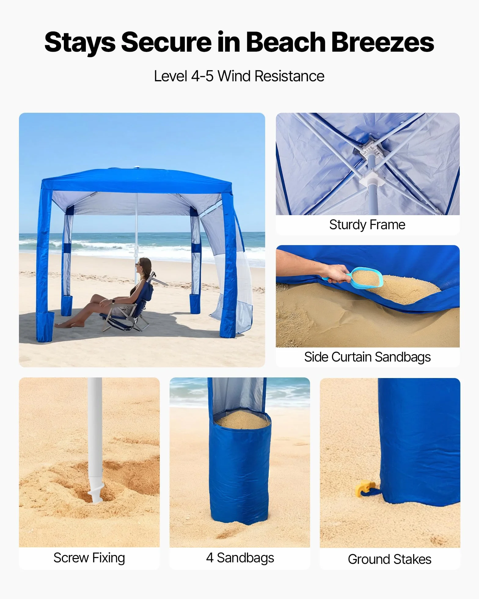 VEVOR Cabaña de Playa 2,4 x 2,4 m UPF 50+ Protección Solar con Pared Lateral Portátil
