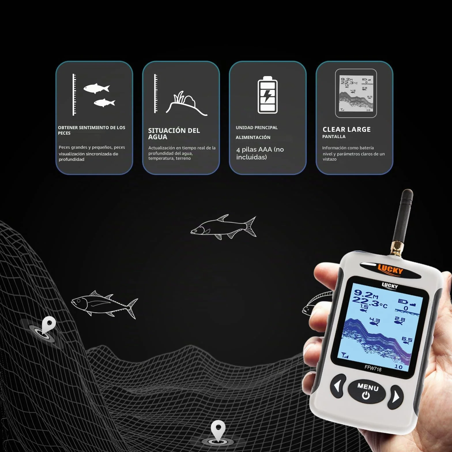 LUCKY Sonda de Pesca Inalámbrica con Indicador de Profundidad y Pantalla LCD FFW718