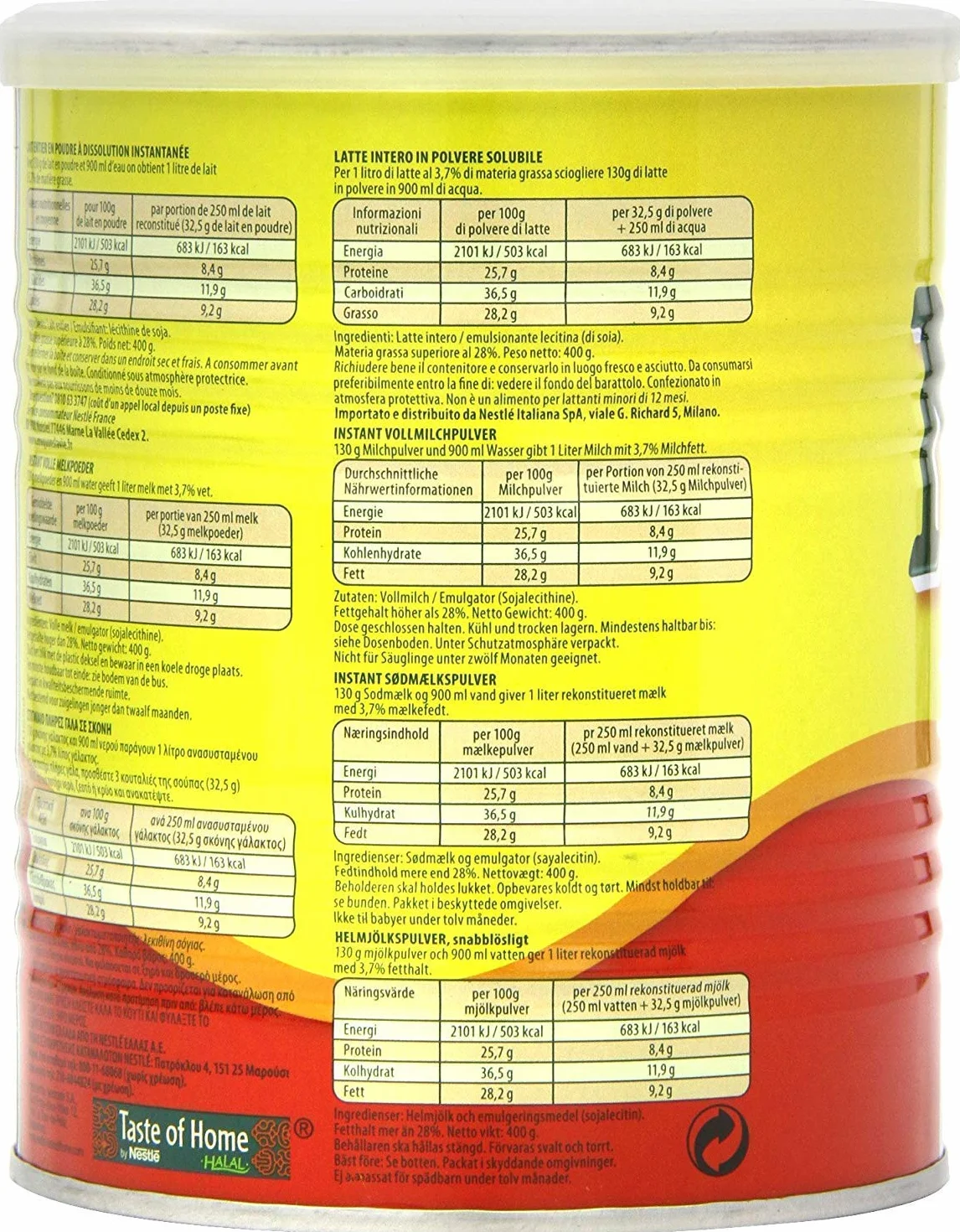 Nestlé Nido Leche en Polvo Entera - Crema Instantánea para Bebidas de Café y Té con Vitaminas y Minerales Añadidos y Sin Conservantes ni Colorantes - Lata de 400 g