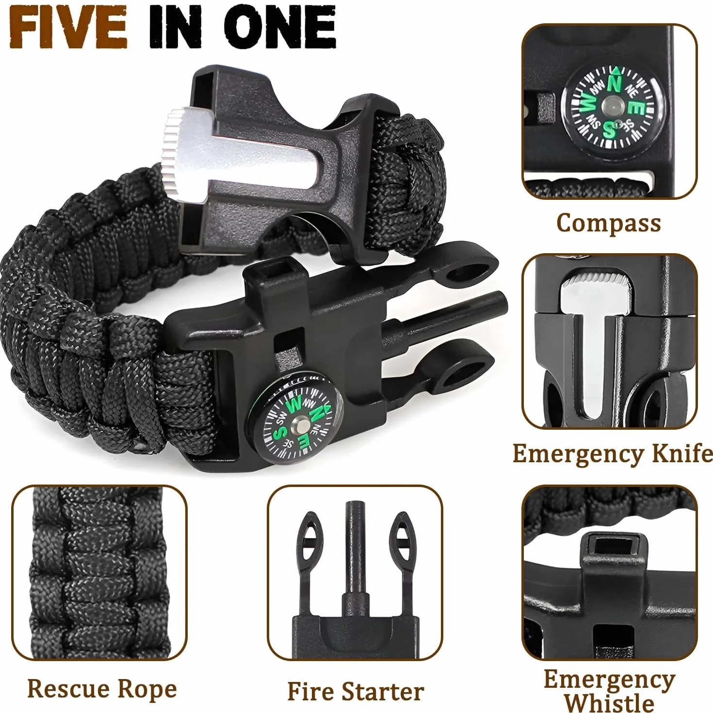 Pulsera de supervivencia de paracord 2 piezas, 5 en 1, cuerda de 3,5 m, piedra de fuego, brújula, silbato, cuchillo