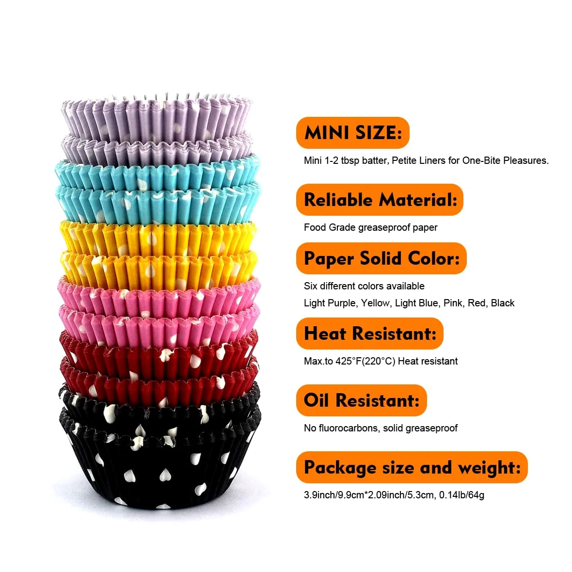 Rainbow Mini Polka Dots Cupcake Liners 300 unidades, sin olor, grado alimenticio y a prueba de grasa