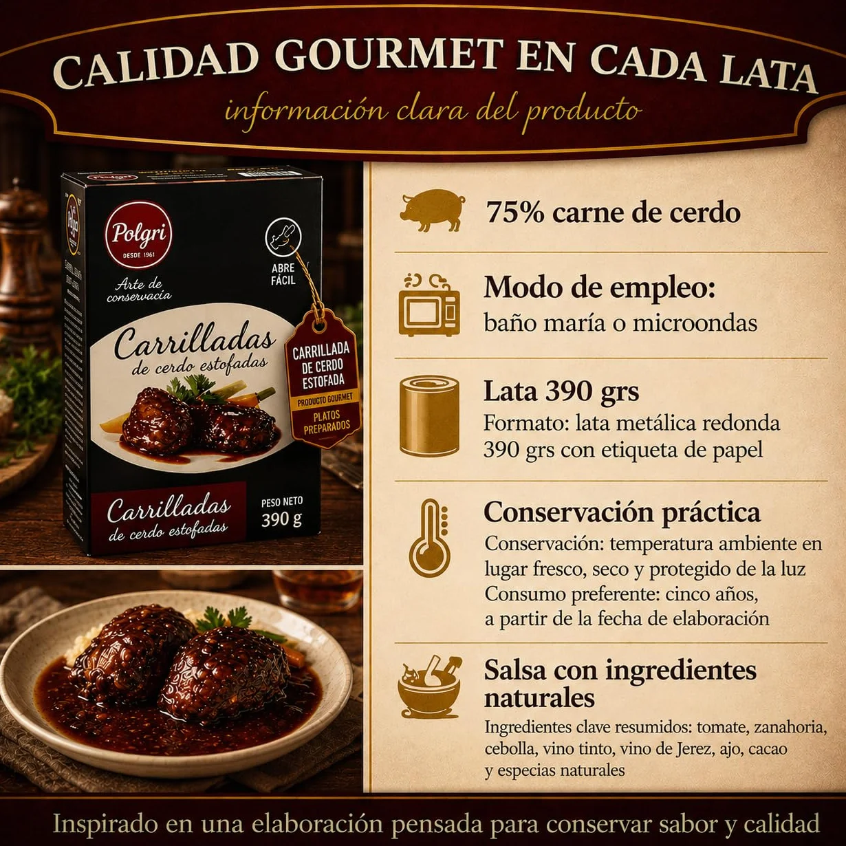 POLGRI Carrilladas de Cerdo Estofadas Conserva Gourmet Lata 390 g x 3 Carne Melosa Lista para Calentar