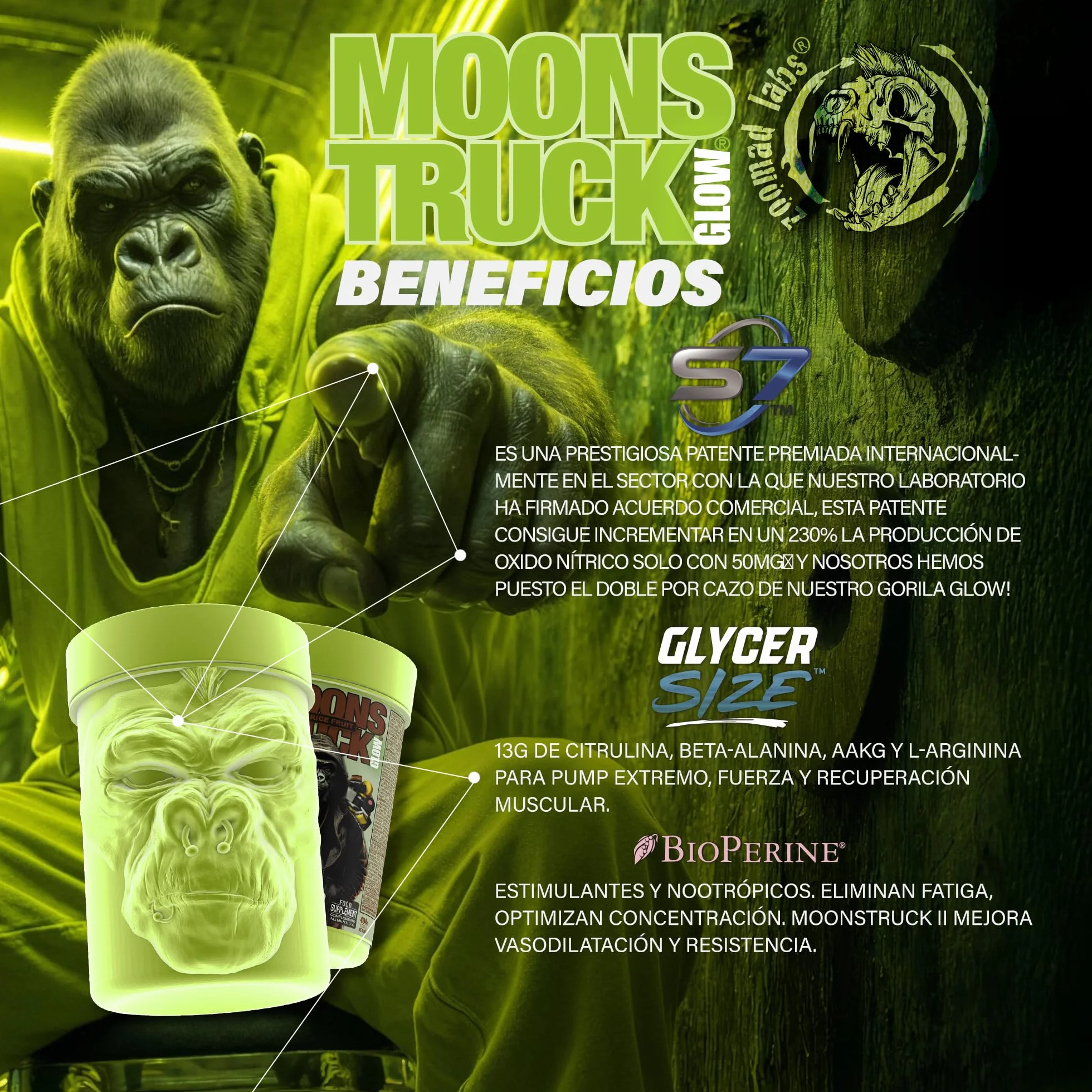 Pre Workout Moonstruck Glow Zoomad Labs 494g – Preentreno Premium para Gimnasio con Cafeína, Óxido Nítrico, Pump Extremo y Fuerza – Bote 3D Gorila Glow que Brilla - Fizzy Peachy