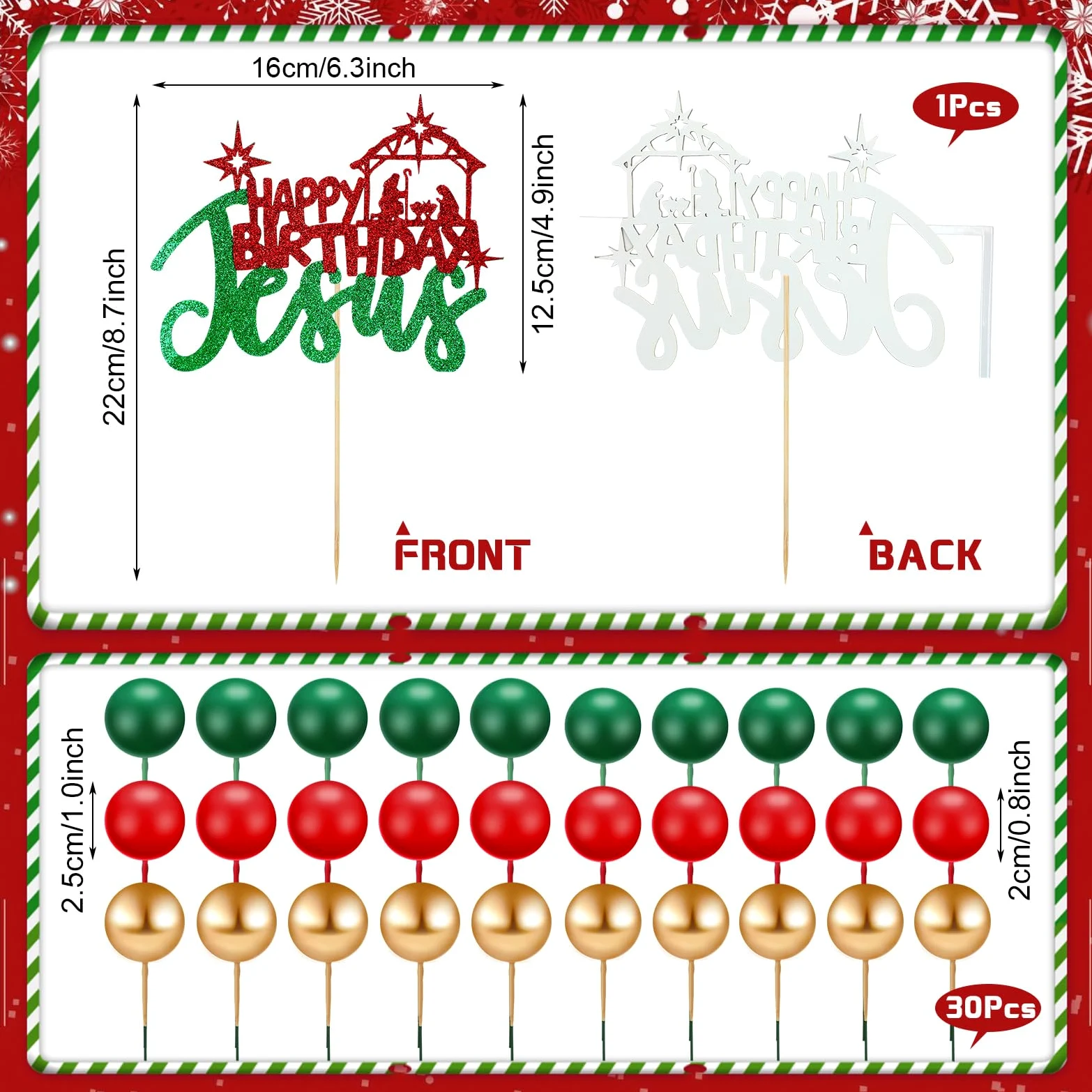 Cinnvoice 31 piezas de decoración para tartas de Navidad con purpurina de Jesús, decoración de pastel de bola, verde, rojo, dorado, belén, decoración para Navidad, vacaciones, boda, aniversario,
