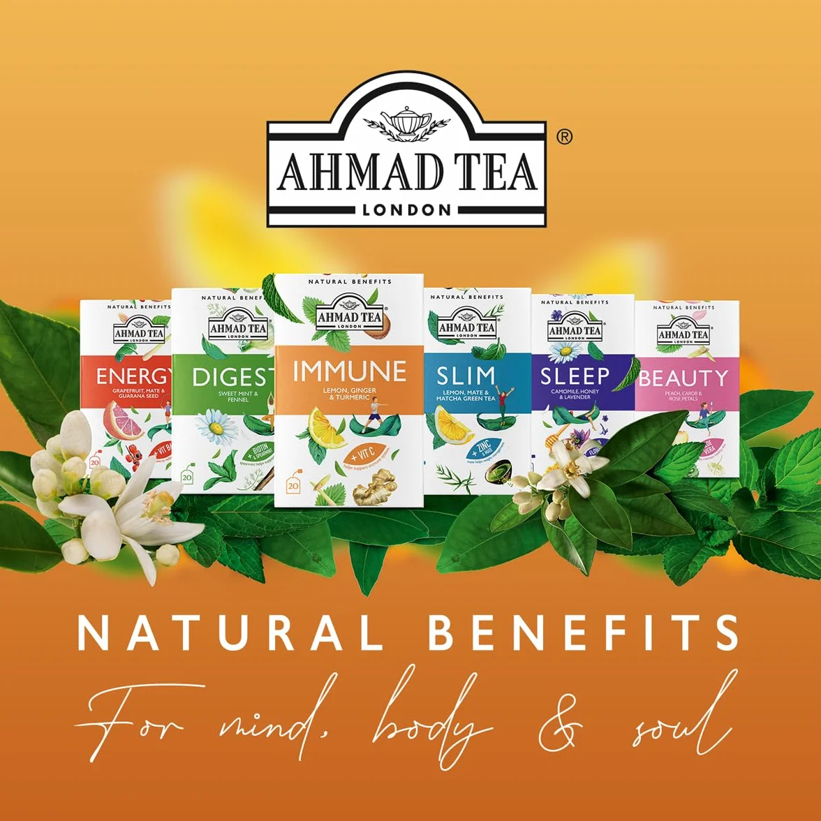 Ahmad Tea Paquete de selección de té funcional Natural Benefit | infusiones de té verde, frutas y hierbas, regalo perfecto para té de hierbas, 60 bolsitas de té | 6 mezclas