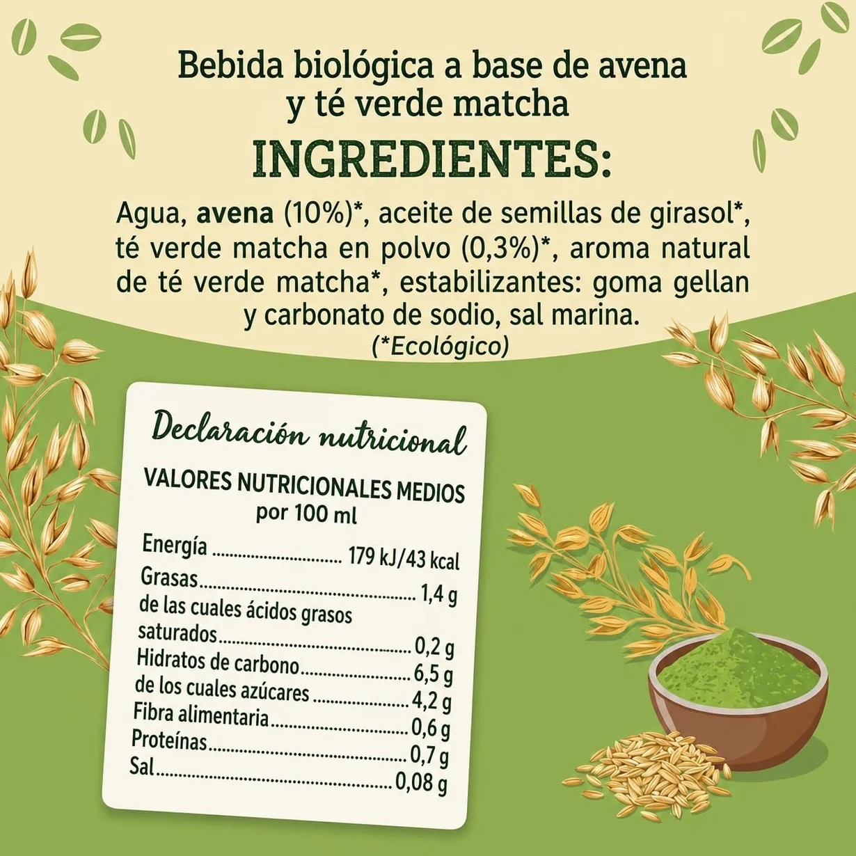 ISOLA BIO - Pack de 6 Unidades de 1 L de Bebida Ecológica Vegetal de Avena y Matcha - Sin Azúcar Añadido - Apto para Veganos - Ideal para Tomar Sola o en Batidos