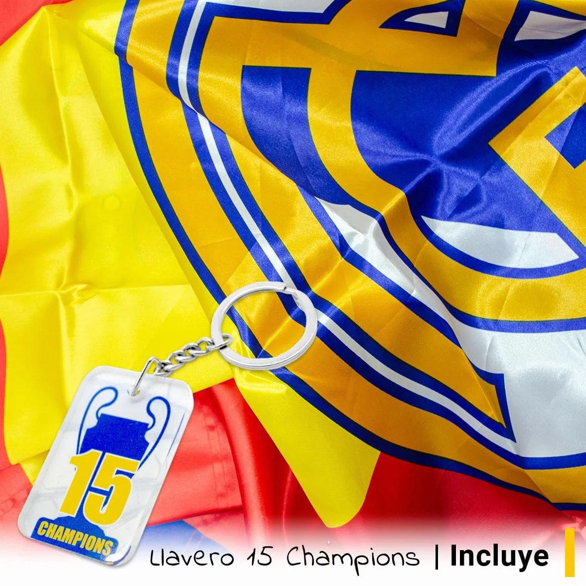 Bandera Oficial Real Madrid 150x100 cm + Llavero 15 Champios | Escudo Centro Producto Oficial