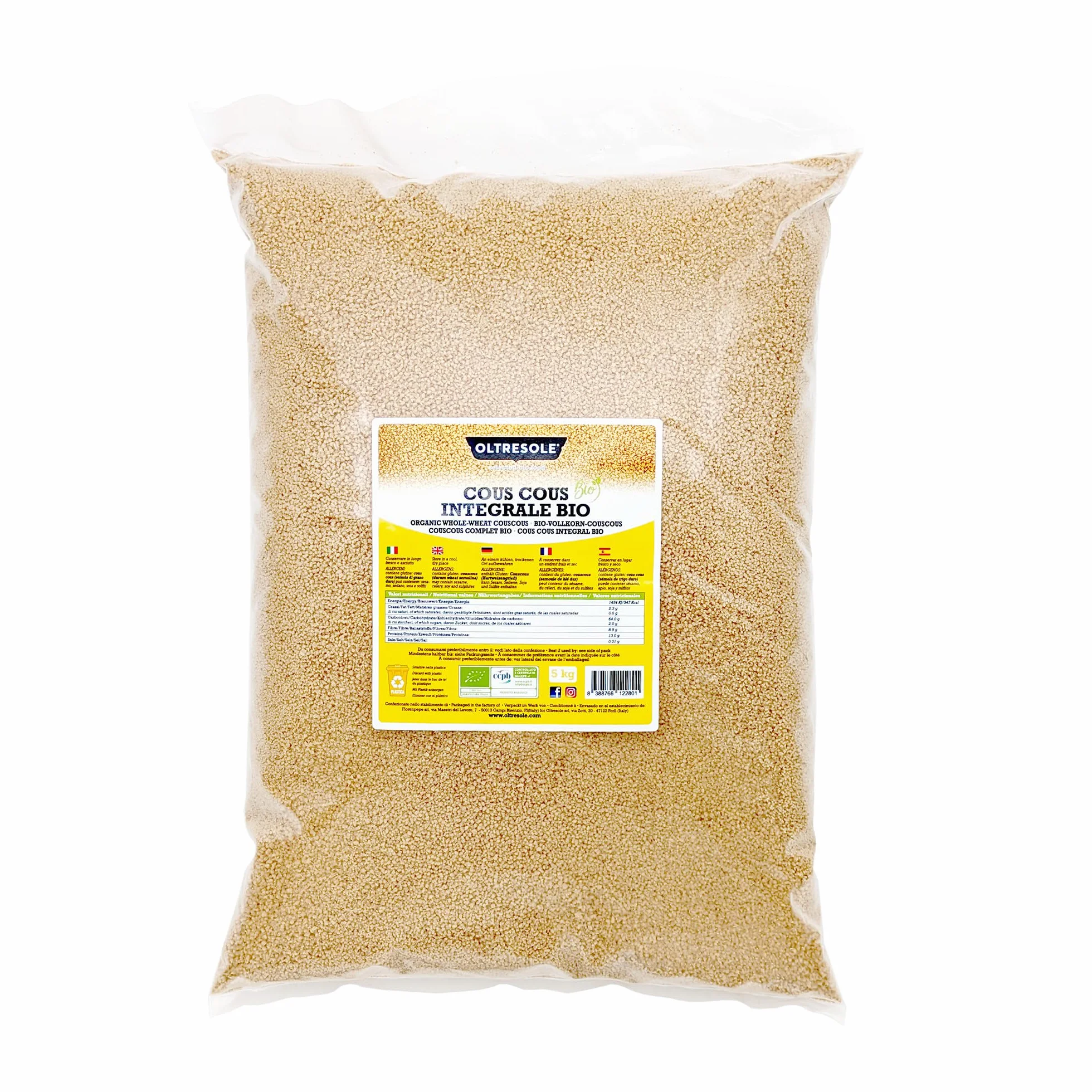 Oltresole, Cous Cous Integral Ecológico 5 kg, Harina integral de trigo duro ecológico, ideal para primeros platos y guarniciones saludables, tamaño práctico