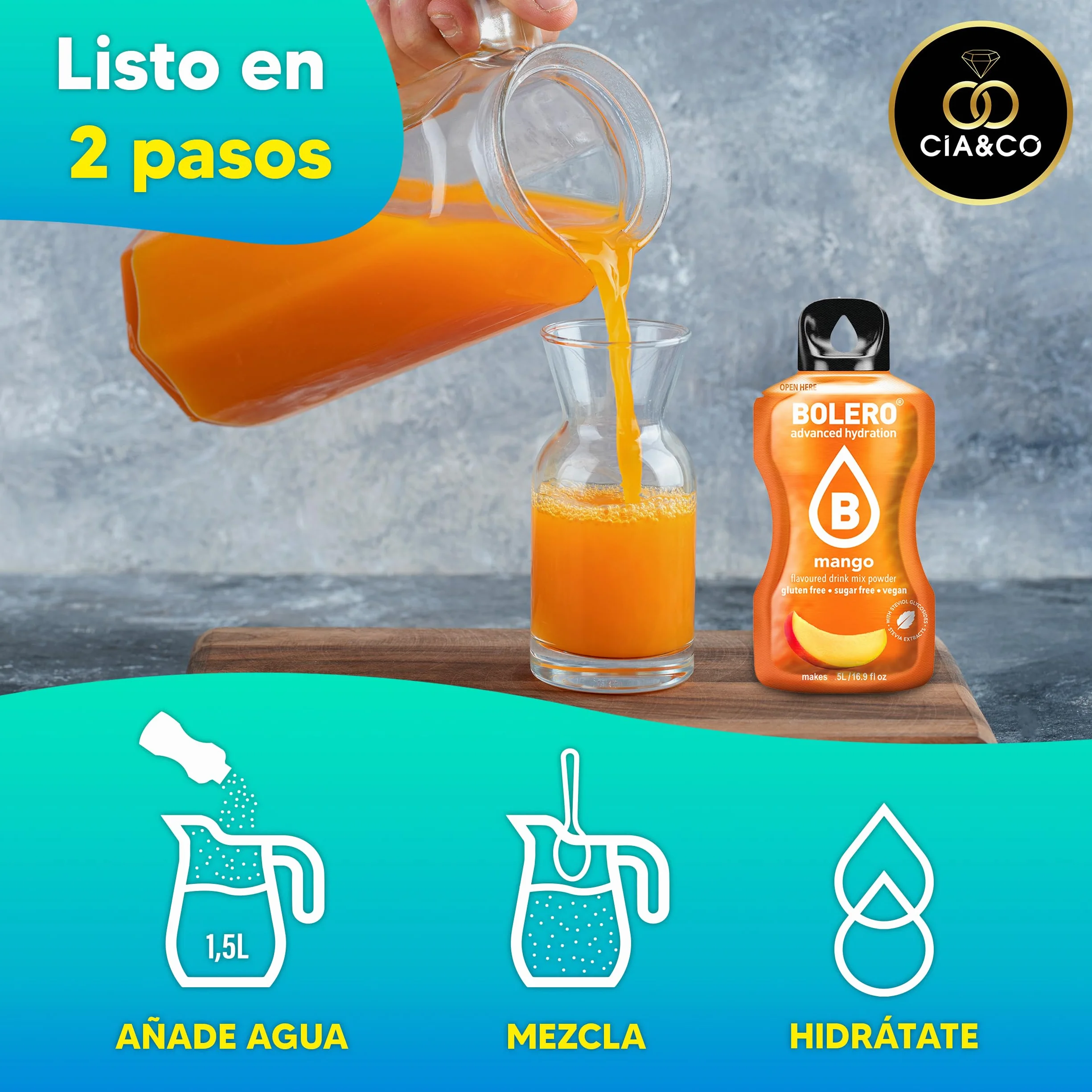 Bolero MIX Sabores VARIADOS 78x9g + BOTELLA 1500ml Aguamarina + 50 Pepitas Saludables Cia&Co - Hidratación Saludable sin Azúcar