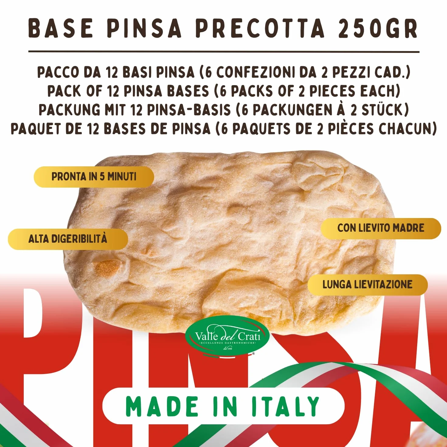 Pinsa Precocida Artesana 12 Bases | Pinsa Lista en 5 Minutos, Levadura Larga, Producto Italiano | Bases de pinsa de 250 gramos cada una