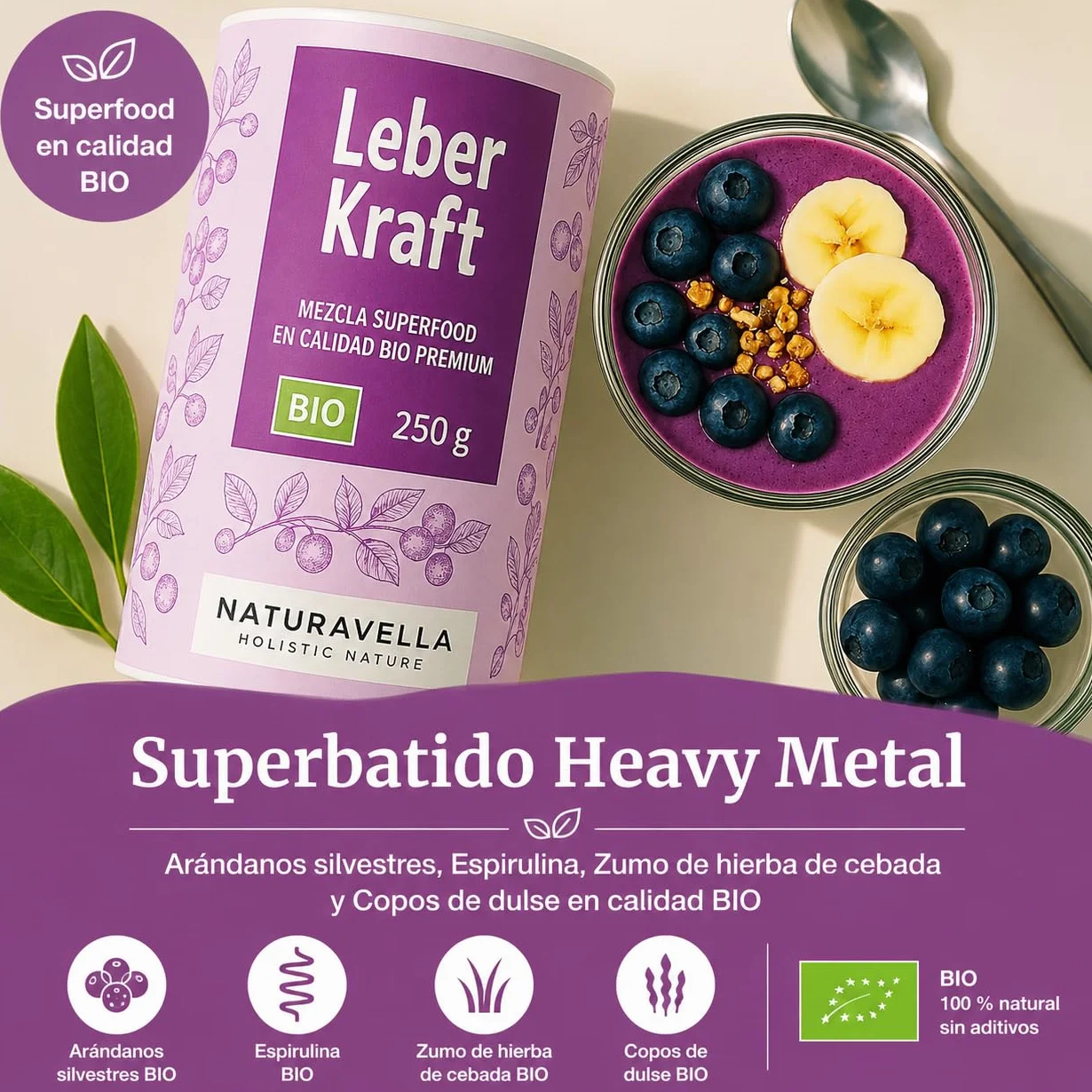 NATURAVELLA LeberKraft Superfood Bio 250g | Heavy Metal Detox con arándanos silvestres, hierba de cebada, espirulina y dulse | Receta Anthony William | Vegano