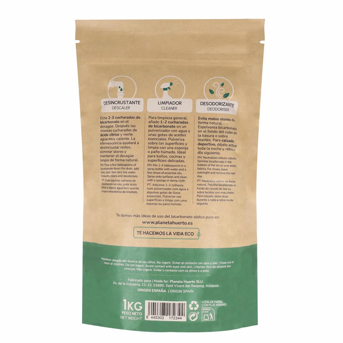 PLANETA HUERTO | Pack 6x Bicarbonato Sódico 1 Kg - Limpiador Ecológico Multiusos, Desodorante y Abrillantador Natural