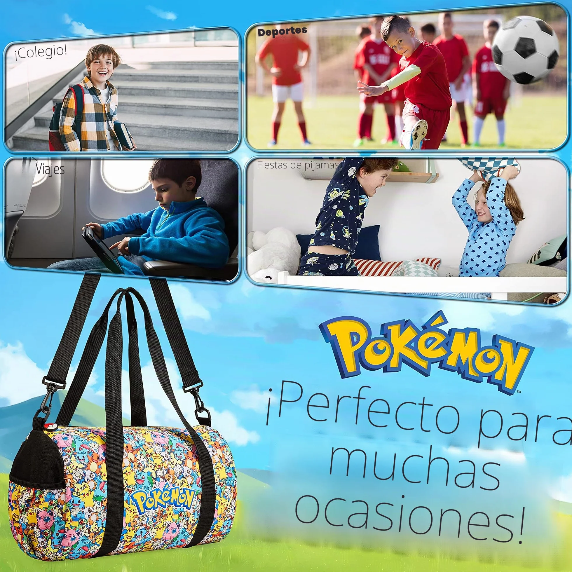 Pokémon Bolsa Deporte Niño Niña Piscina Viaje Playa Futbol Gym Oficial Pikachu Multicolor