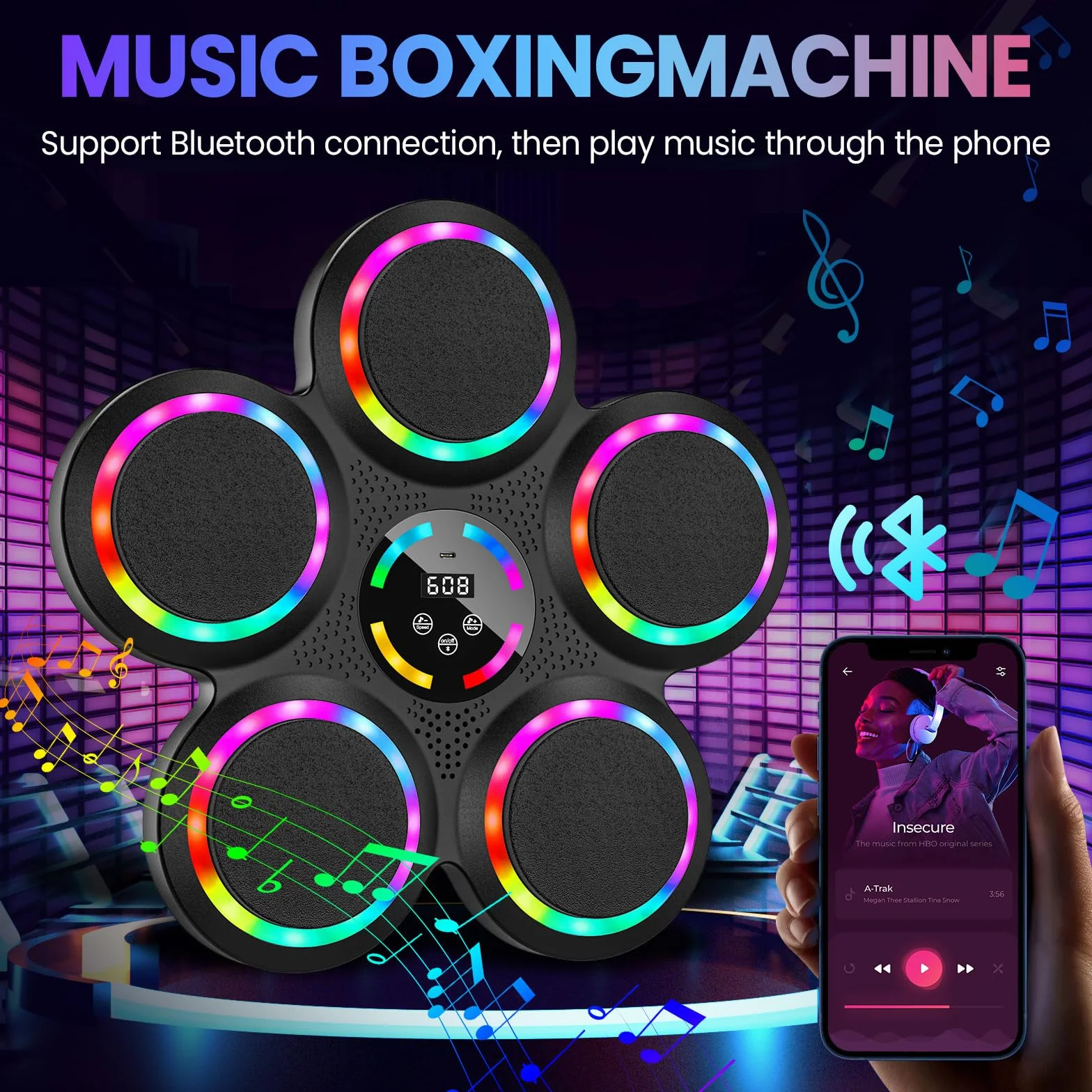 IERAKOR Máquina de Boxeo Musical de Pared con Bluetooth, 2 Pares de Guantes, 9 Modos, Luz de Color, Contador de Puntos