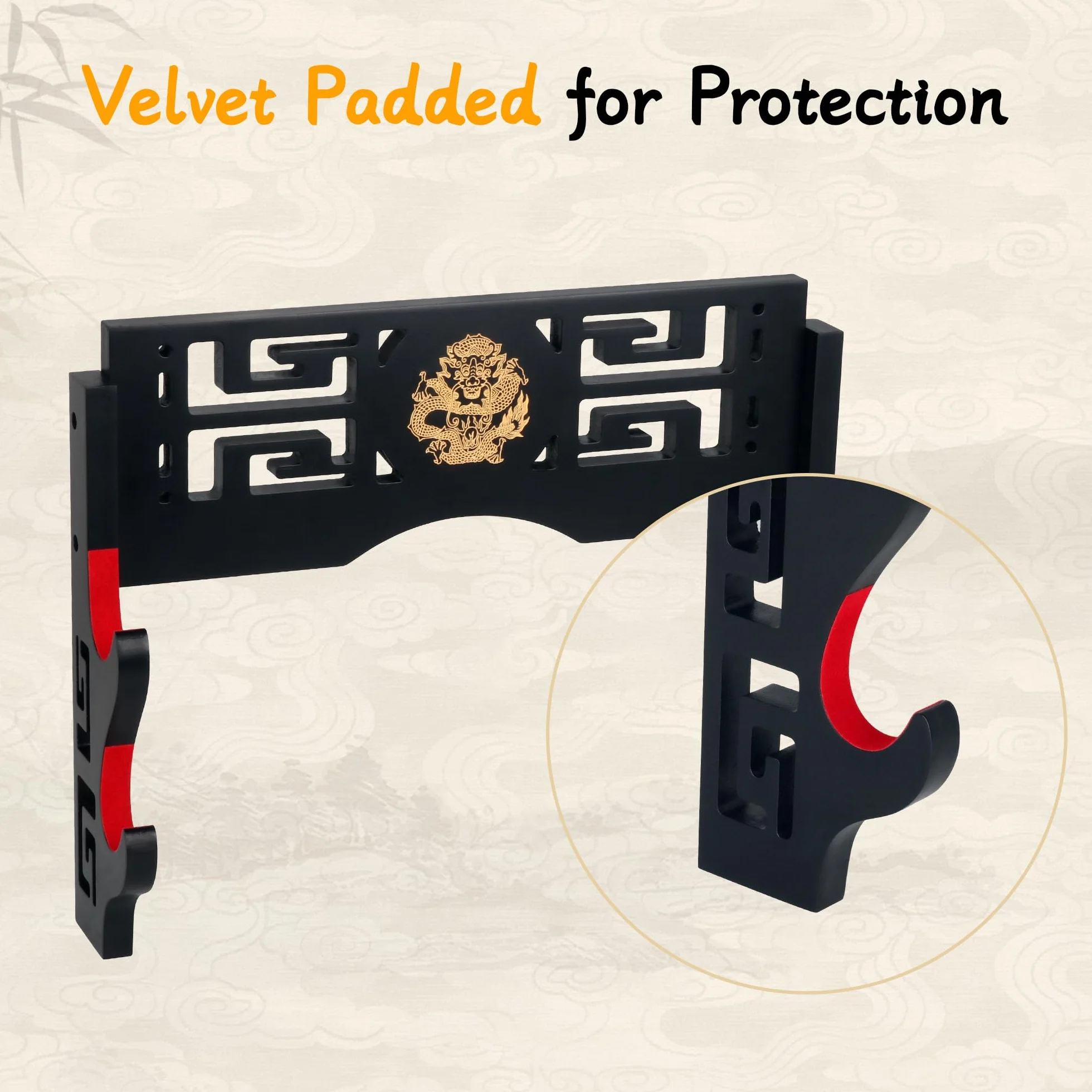 Alyoen Soporte de pared Katana 2 niveles gancho acolchado terciopelo patrón dragón soporte espada samurái sable láser Wakizashi