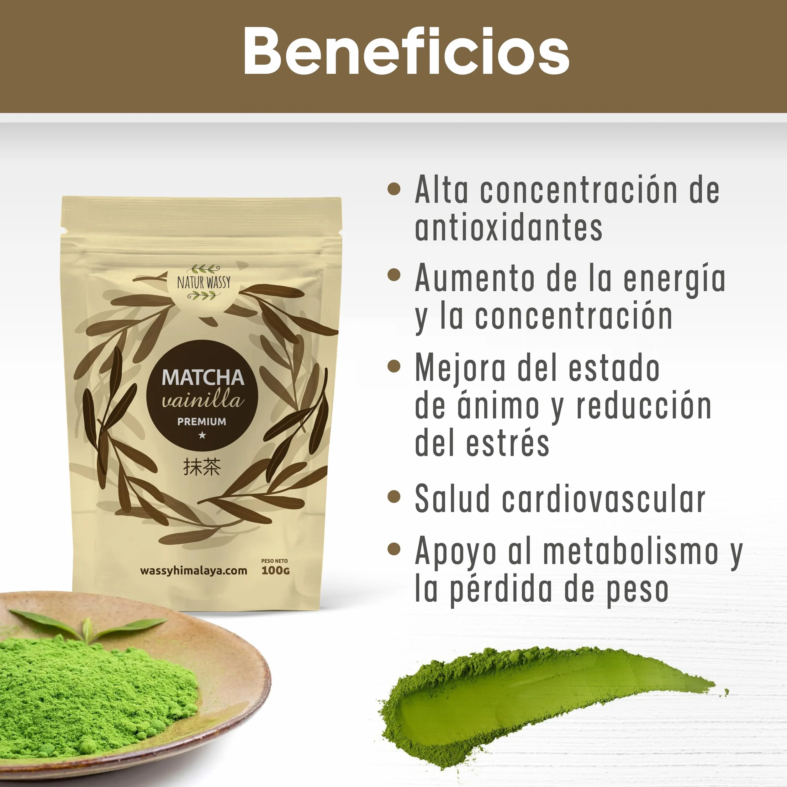 NATUR WASSY Te Matcha VAINILLA, Grado PREMIUM, En Polvo. 100% Natural. 100Gr De Te Verde Matcha Sabor a Vainilla, Potente Detox Y Antioxidante. 100 Dosis