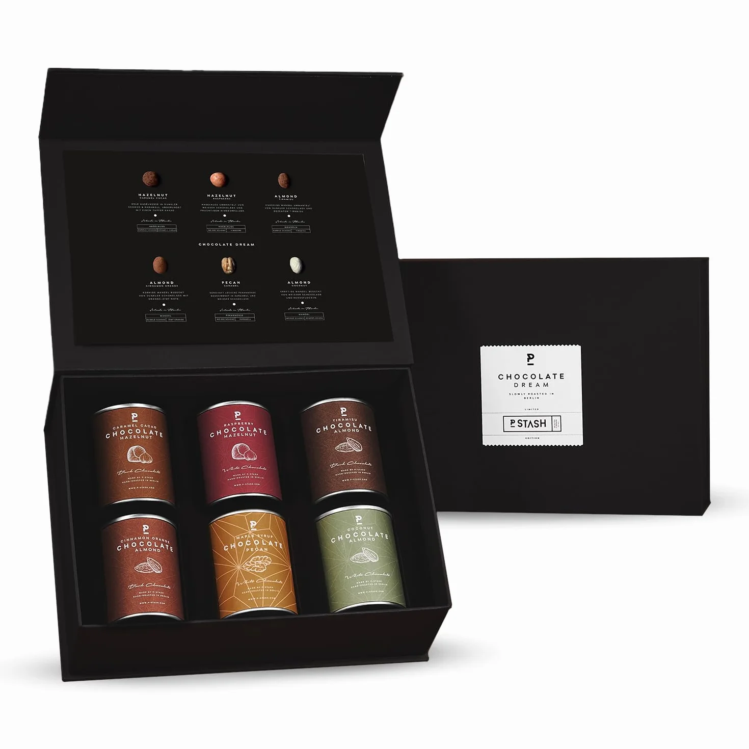 P-Stash Black Box Mix de Frutos Secos Chocolate Dream – Caja de 6 – Nueces pecanas, Avellanas & Almendras – Frutos secos con chocolate y especias únicas, tostados a mano en Berlín