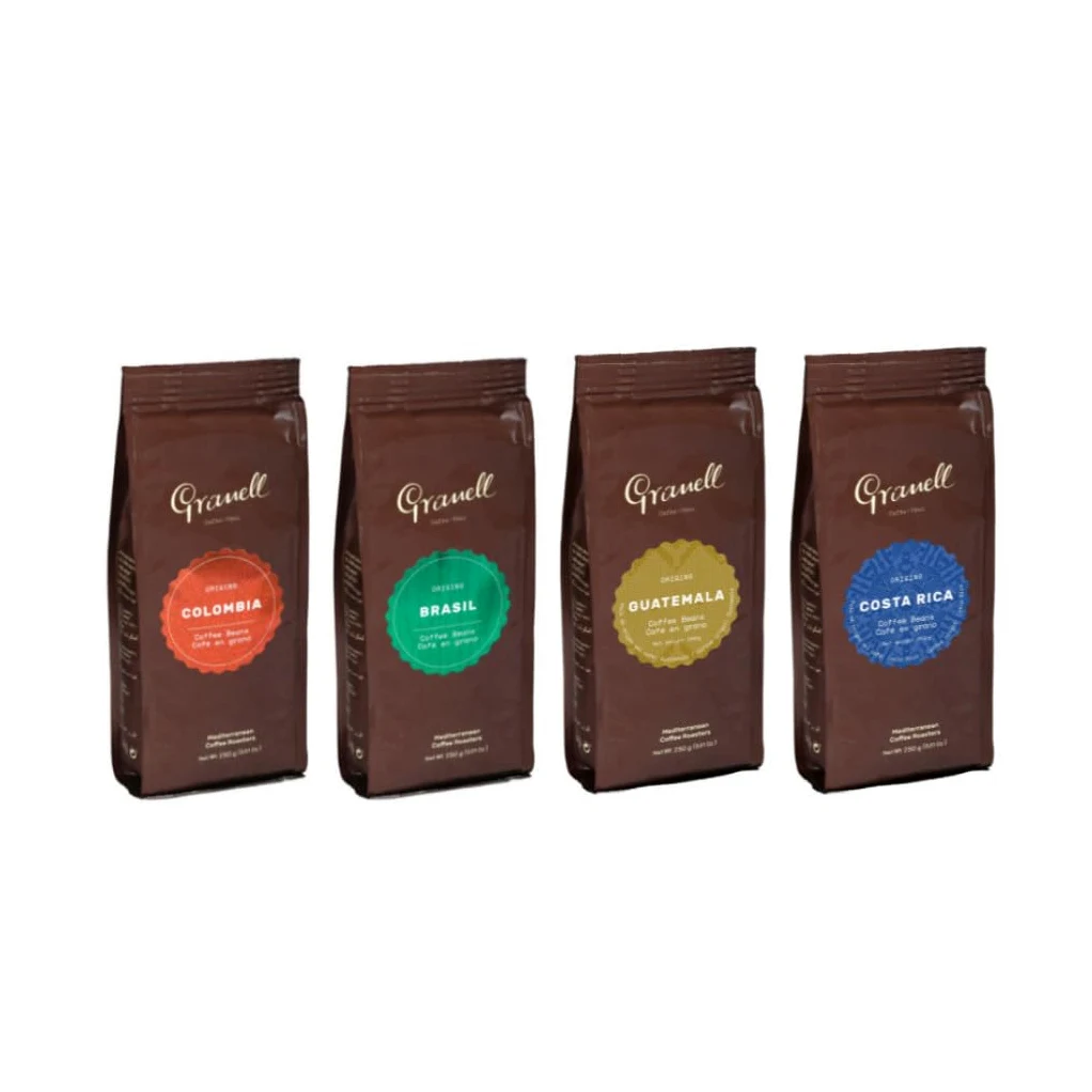 Granell Pack El Mundo en Tu Taza, Café en Grano 100% Arábica, Selección de 4 Orígenes: Colombia, Brasil, Guatemala, Costa Rica, Tueste Natural