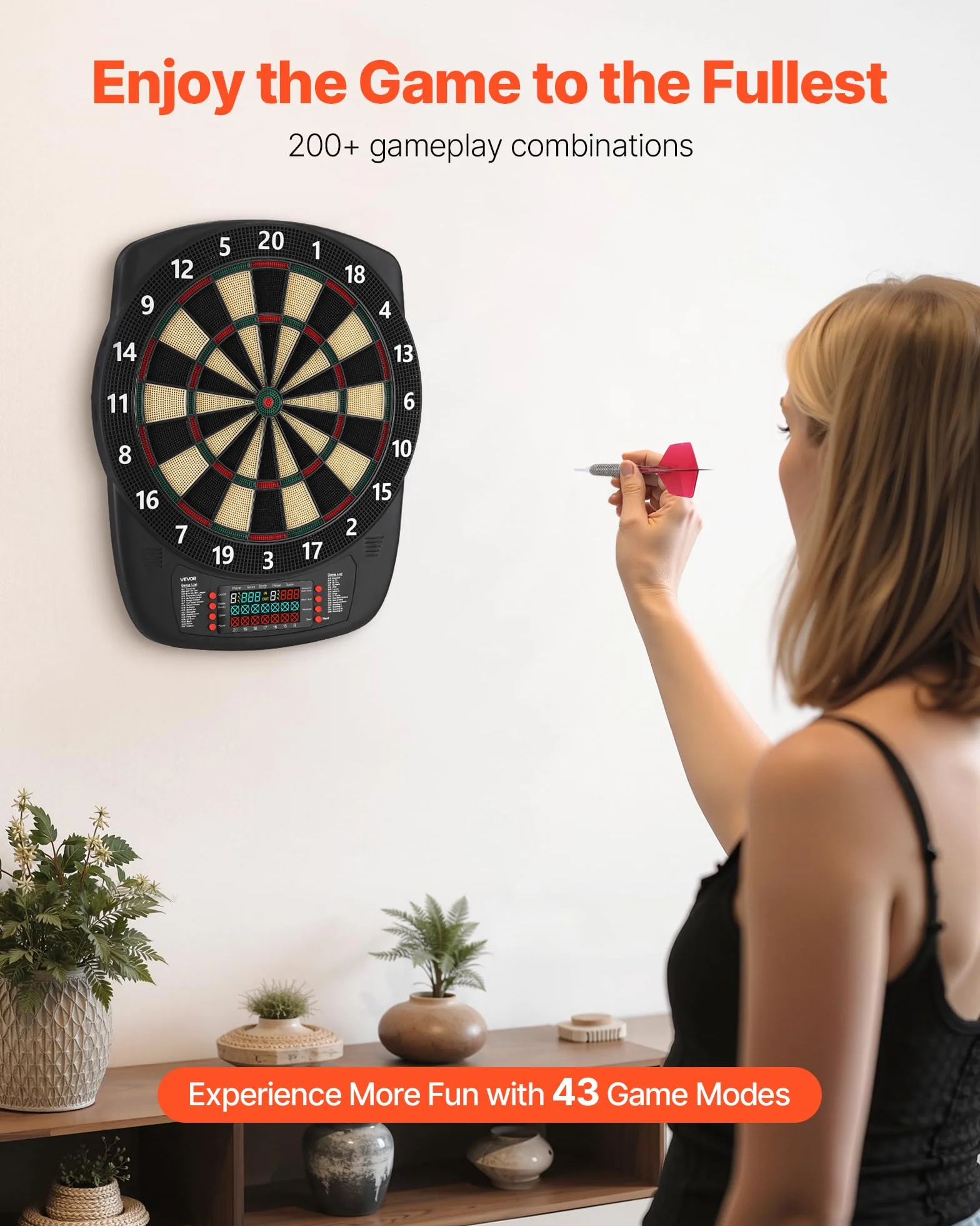 VEVOR Diana Electrónica 43 Juegos 200 Variantes 8 Jugadores 6 Ejes Dardos Marcador LCD PP ABS 517 x 424 x 30 mm