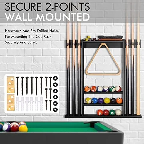XCSOURCE Soporte de pared para 6 tacos de billar con juego de bolas, madera de bambú