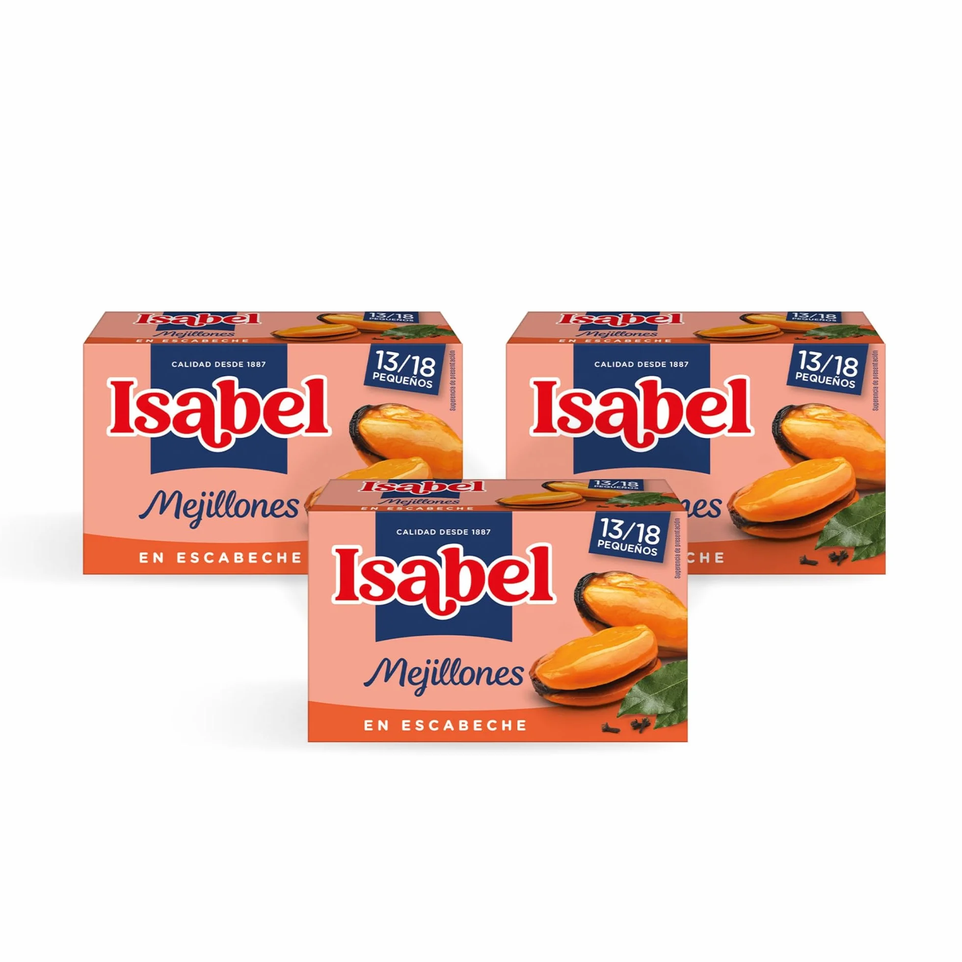 Isabel Mejillones en salsa escabeche 13-18 piezas, 1 pack de 3 latas de 115gr