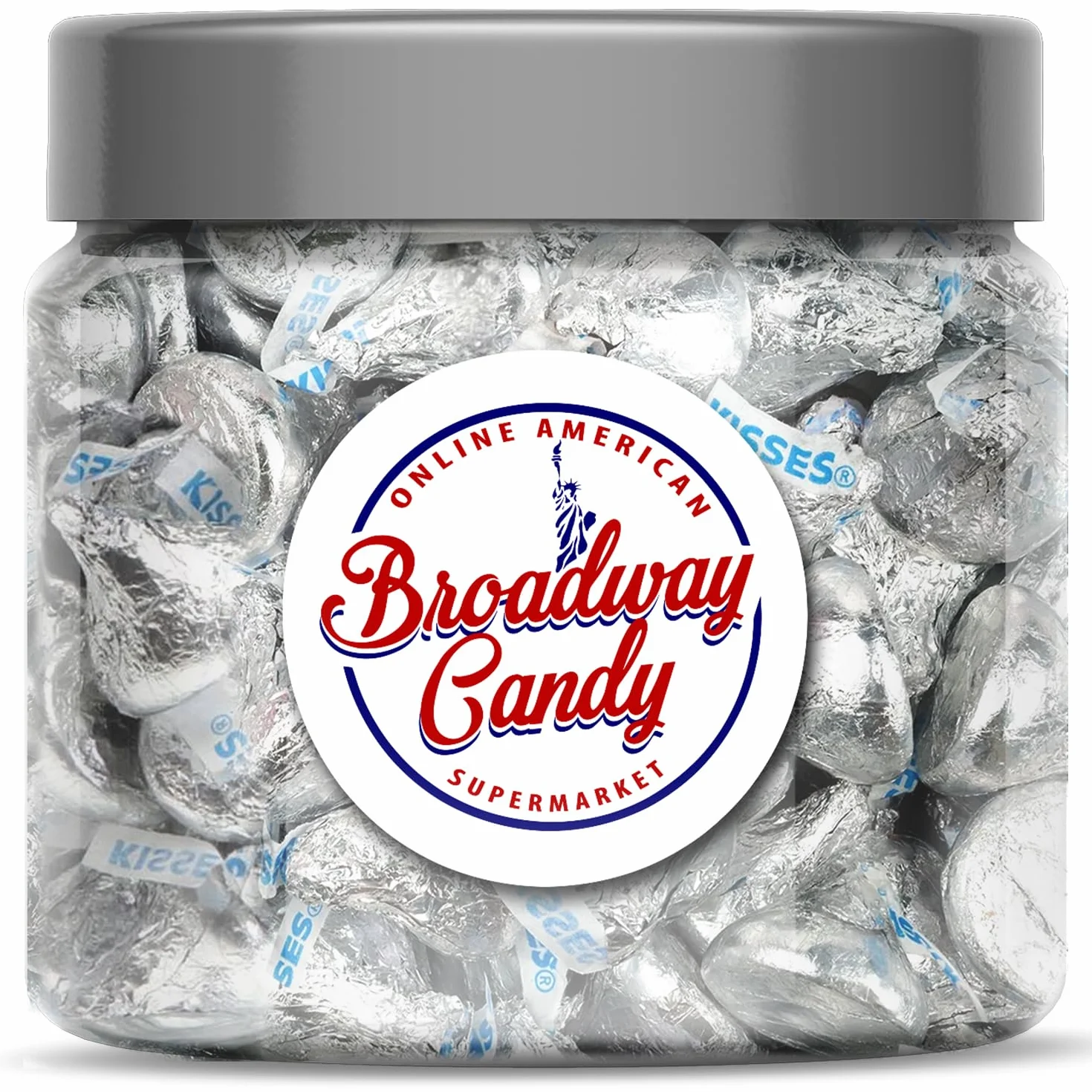 Broadway Candy Kisses Original - Tarro de caramelos (600 g), envueltos individualmente, chocolates de tamaño bocado en plata, aproximadamente 120 unidades
