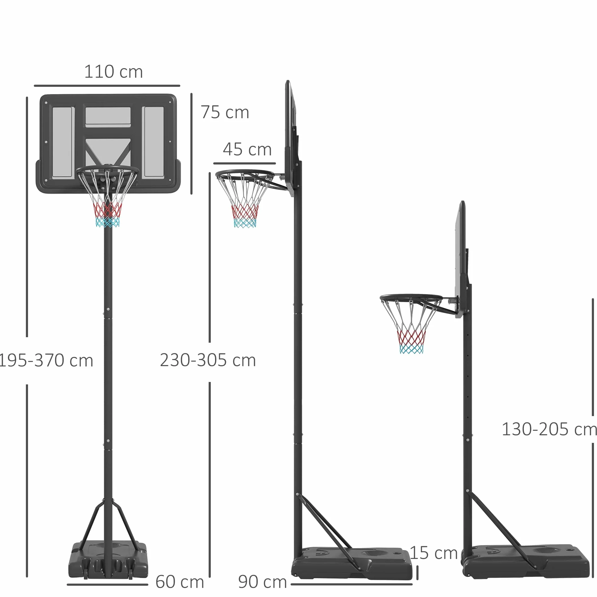 SPORTNOW Canasta de Baloncesto Exterior 2 en 1 Altura Ajustable 230-305 cm Aro para Piscina Soporte con Ruedas Base Rellenable Negro