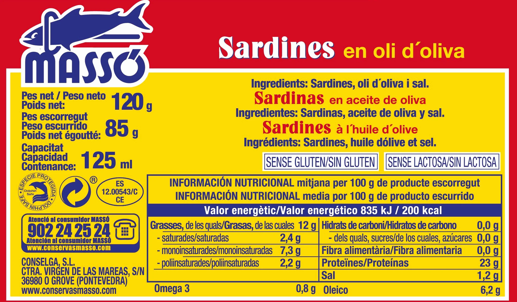 Massó Sardinas en aceite de oliva, 1 pack de 5 latas de 120gr, en catalán.