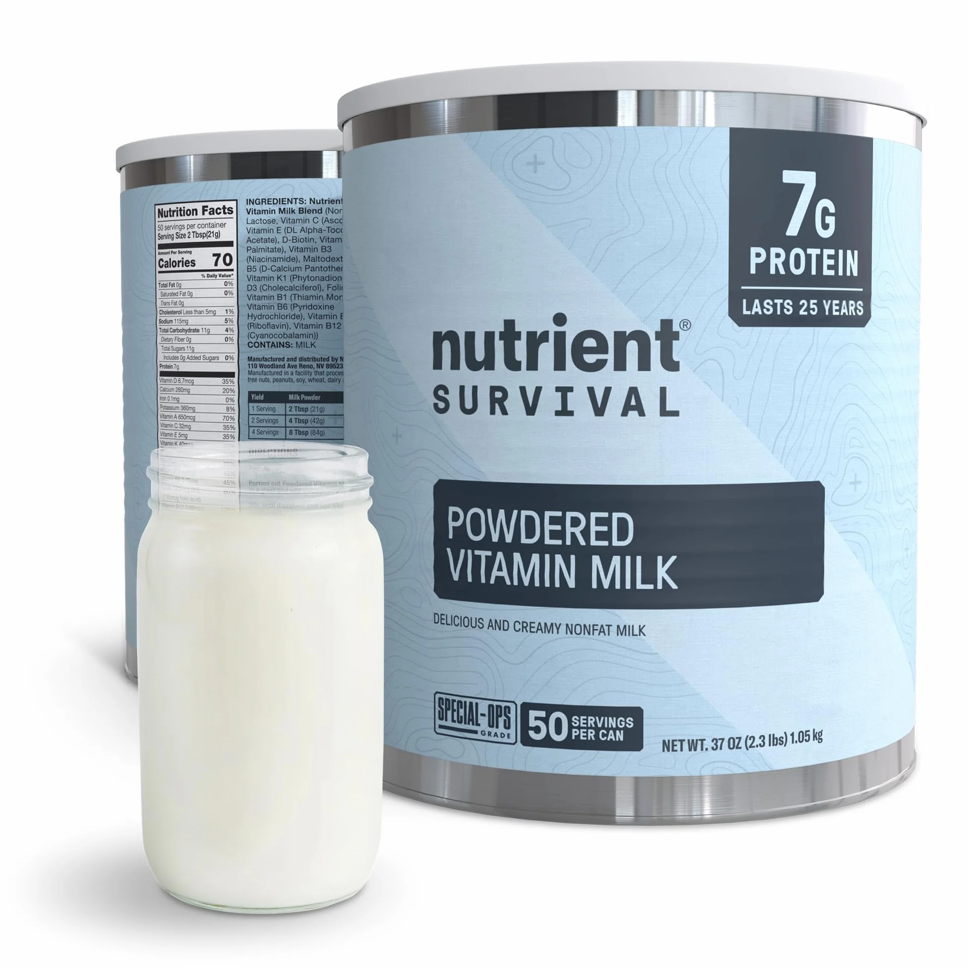 Nutrient Survival Leche en polvo con vitaminas, suministros de preparación liofilizados y suministro de alimentos de emergencia, 21 nutrientes esenciales, sin soja ni gluten, estable hasta 25 años