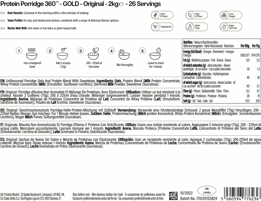 Protein Works | Protein Porridge 360 - GOLD Innovation, Desayuno Alto en Proteínas y Bajo en Azúcar, Vitaminas y Minerales Añadidos, Alto en Fibra, Natural, 26 Porciones, 2kg