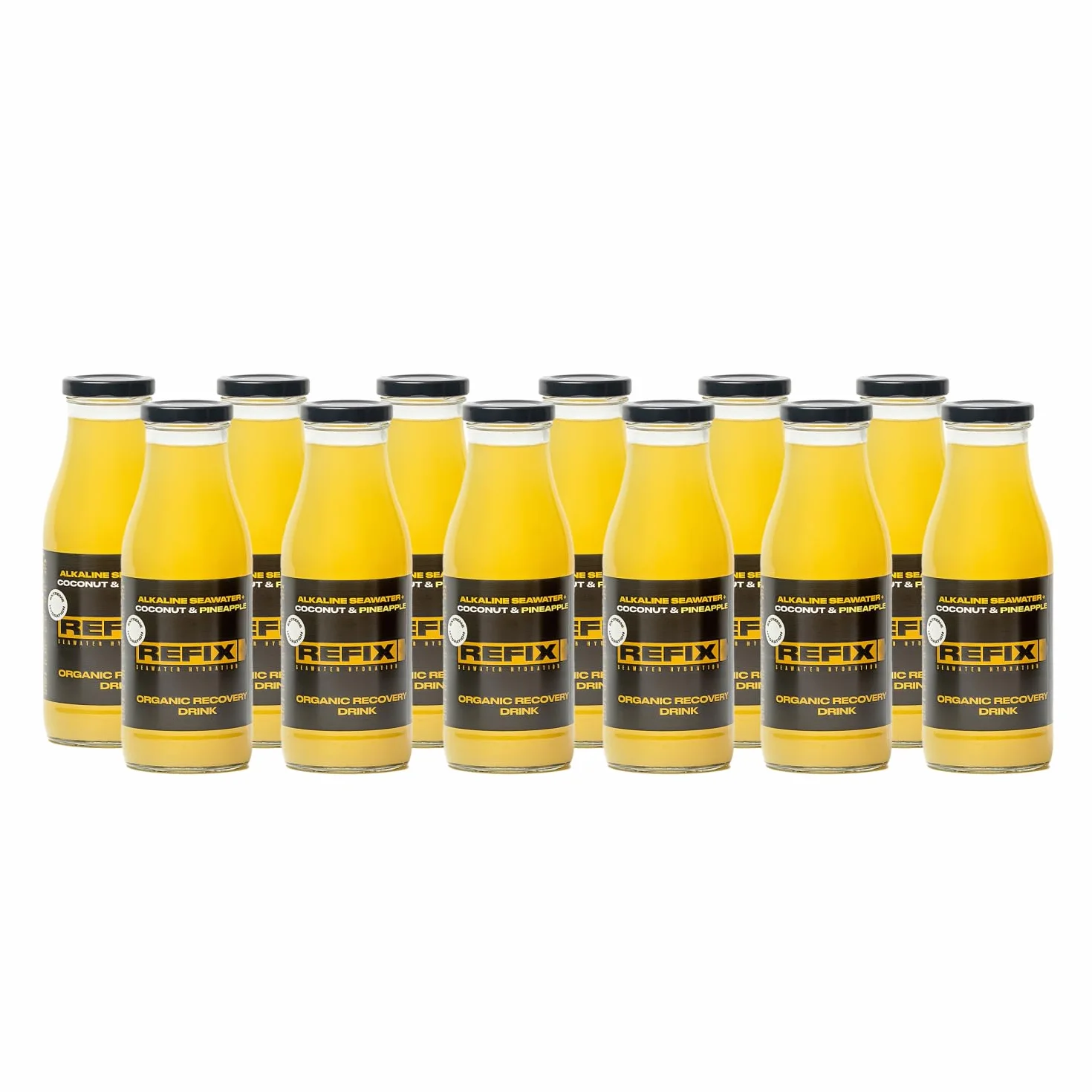 Bebida de recuperación REFIX - A base de agua de mar y agua de coco, baja en calorías, orgánica, sin azúcar añadido, vegana, minerales naturales, sabor a coco y piña, paquete de 12 botellas.