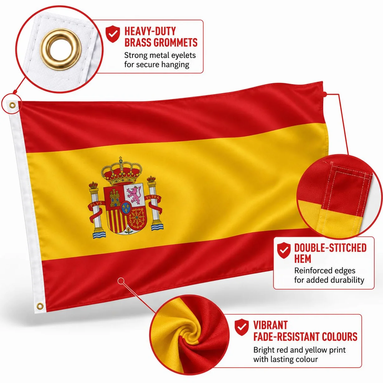 Bandera de España Escudo Exterior Resistente Intemperie 90x150 cm 2 Ojales Latón Costuras Dobles Mundial 2026