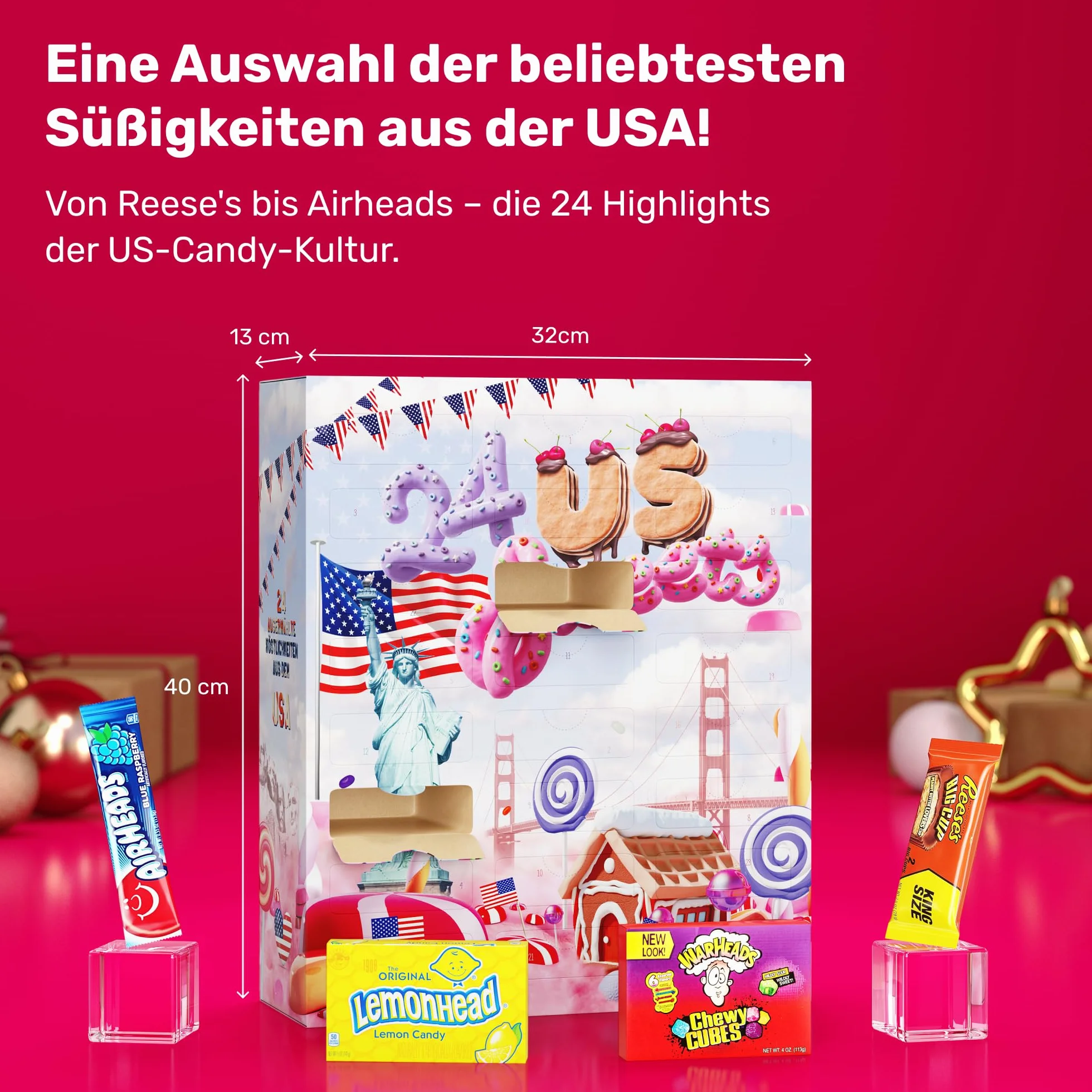 UMBRELLA® Calendario de Adviento USA 2025 con Golosinas Americanas Originales – 24 Dulces USA para Niños, Mujeres y Hombres