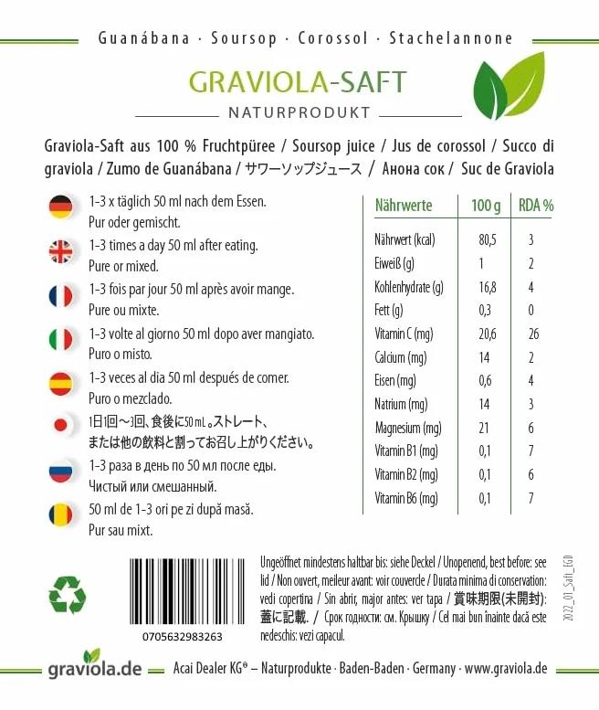 Jugo de Guanábana 6 x 500 ml, Sin Filtrar, Vegano, 100% Puré de Graviola
