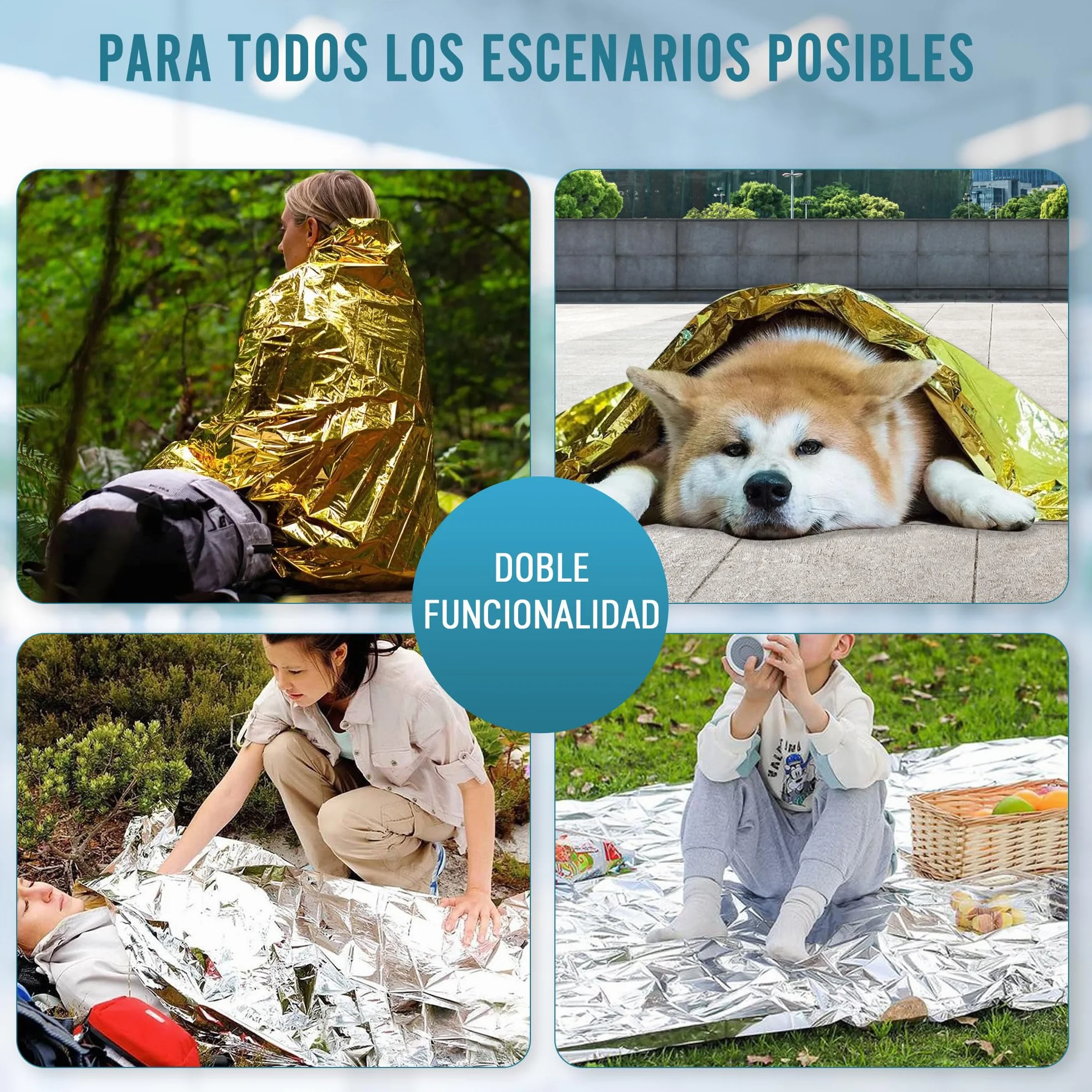 Manta Térmica Supervivencia Reutilizable 210x160cm X5 UNIDADES Protección Frío Calor Lluvia Viento