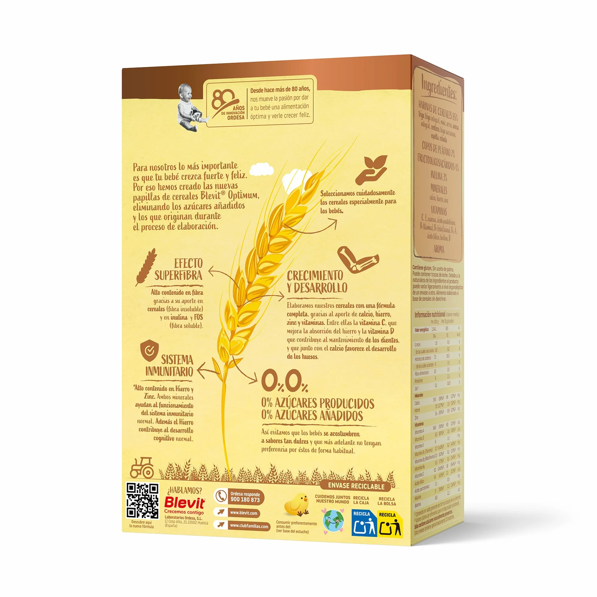 Blevit Optimum 8 Cereales y Plátano | 250g | Papilla para Bebé con 85% de Cereales - Copos de Plátano, Vitaminas, Minerales y Fibra