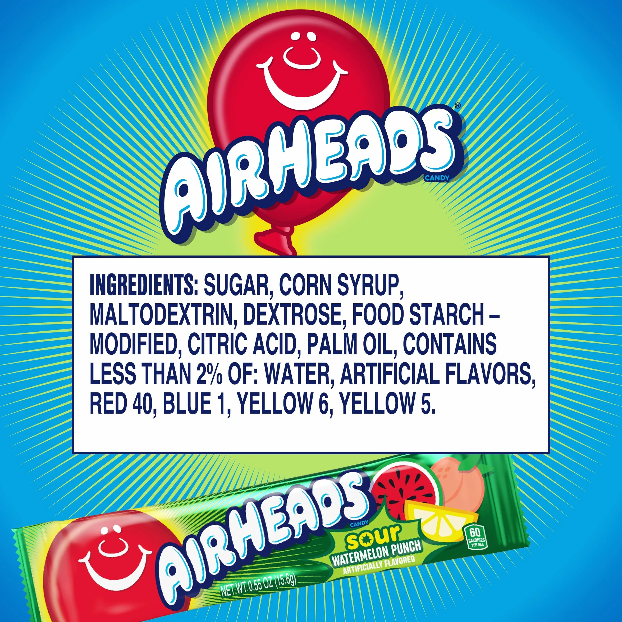 Airheads Barras de caramelo agrio, sabor a ponche de sandía, a granel, concesiones, fiestas, 36 barras