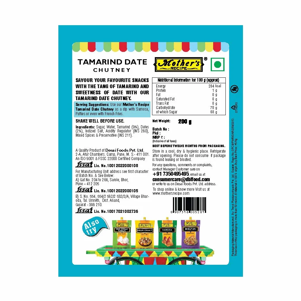 Mothers Recipe Tamarind Date Chutney Pouch - Bolsa de 200 g