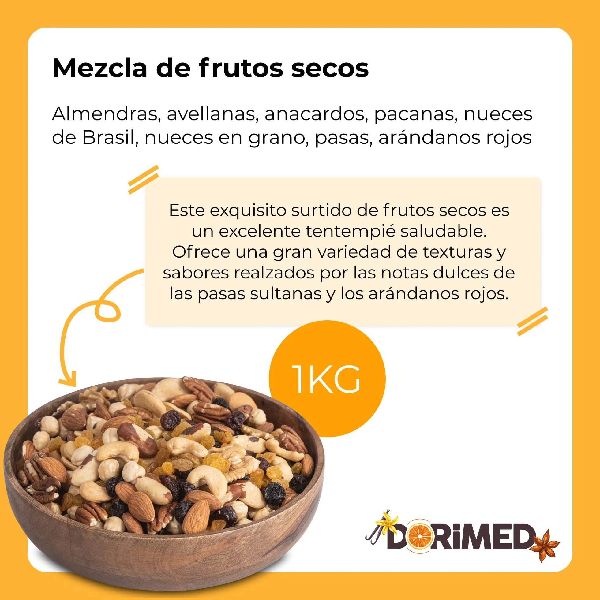 Mezcla de Frutos Secos 1 Kg I Nueces Mixtas y Pasas | Snack Variado | Primera Calidad | Deshidratados, Crudos y Enteros | Mix de Frutos Secos 100% Naturales I vegetariano y vegano I no GMO I Dorimed