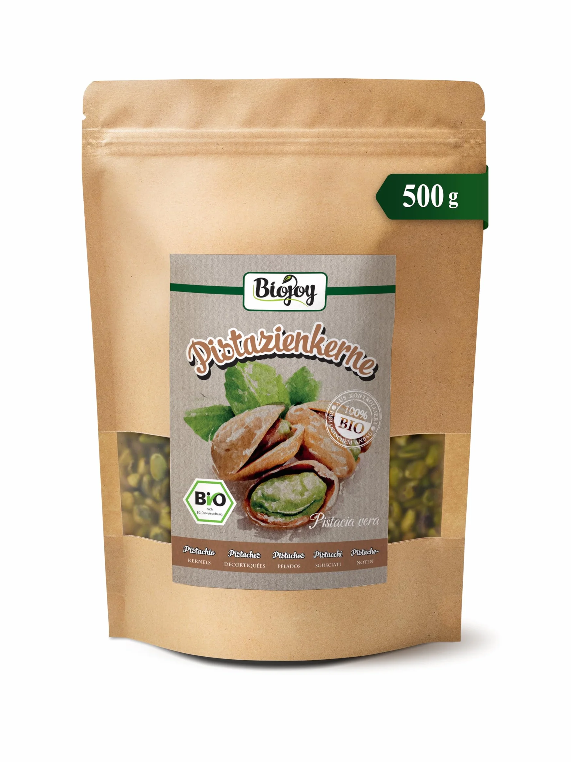 Biojoy Pistachos Pelados Ecológicos (500 g), crudos y enteros, sin sal