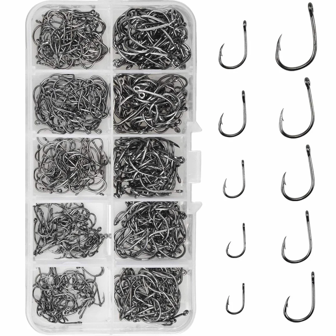 Anzuelos de Pesca 500pcs Acero al Carbono 10 Tamaños con Caja de Plástico para Agua Salada y Dulce