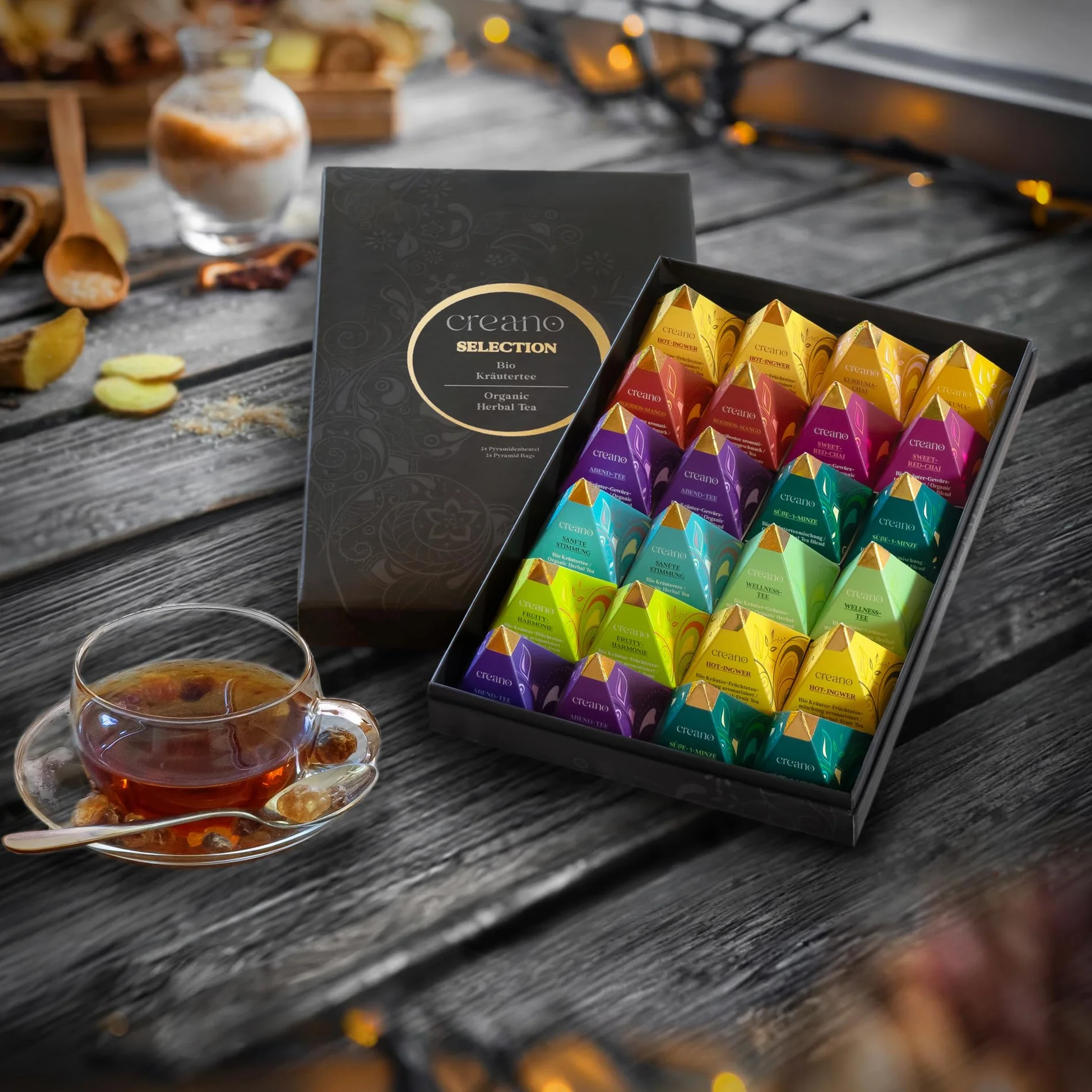 Creano Set de Regalo de Té Bio Orgánico Infusión de Hierbas 24 Bolsitas Piramidales 9 Variedades Sin Cafeína