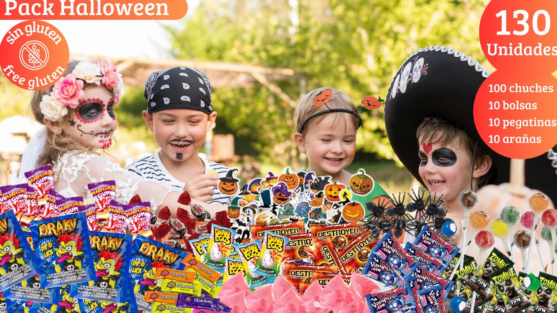 NEVALÜ Pack Halloween 100 Chuches + 10 Bolsas + 10 Pegatinas + 10 Arañas de Juguete. Surtido Envuelto Individualmente.