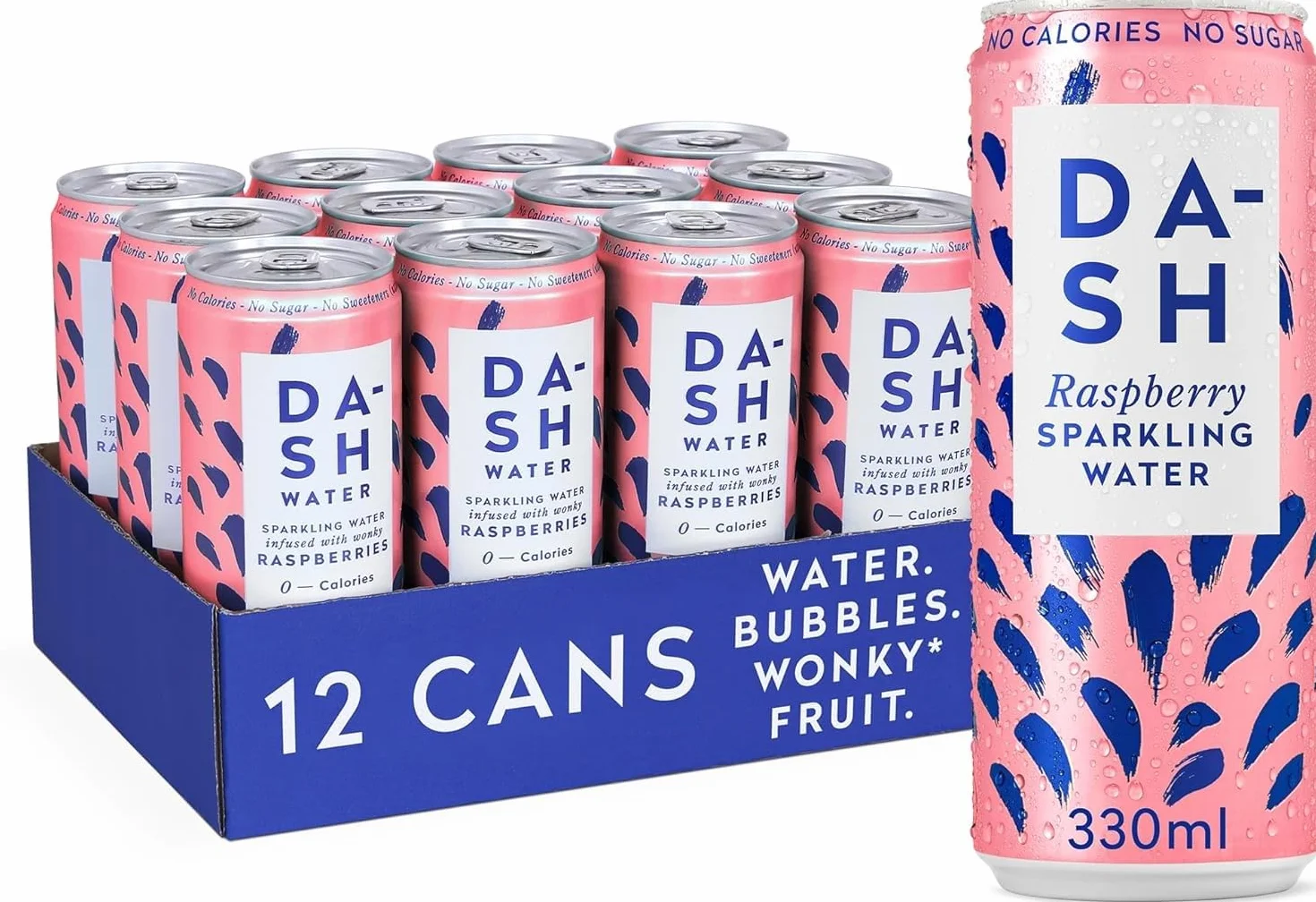 Agua DASH Frambuesa- 12 x Agua mineral natural con gas sabor Frambuesa- Sin azúcar, sin edulcorantes, sin calorías - (12 latas x 330ml)