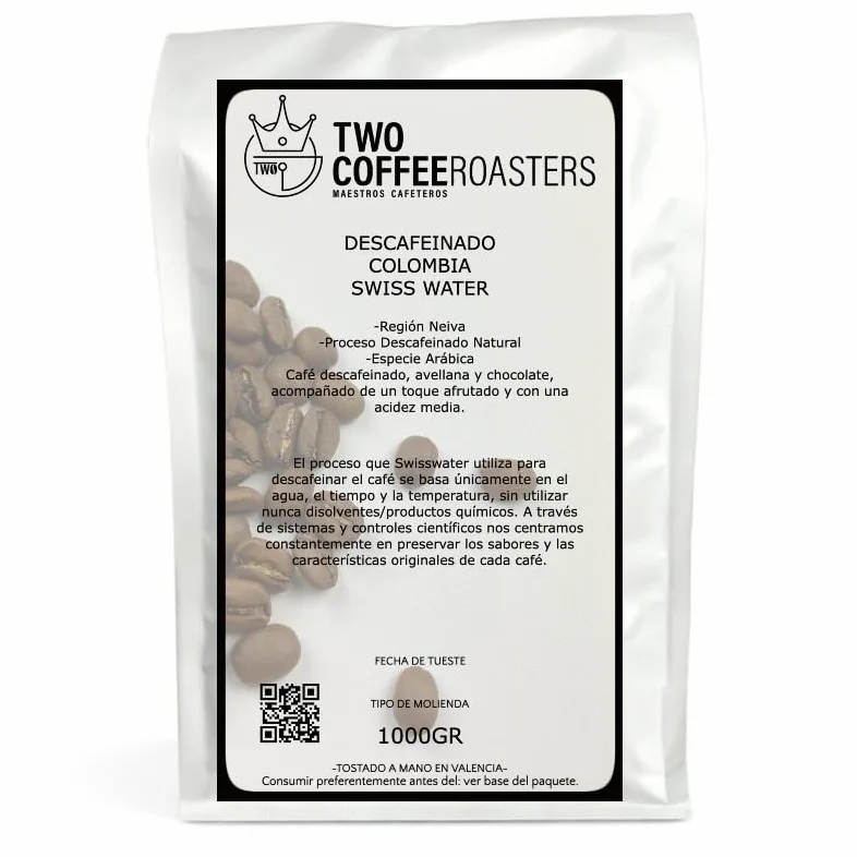 Twocoffee Café en Grano Descafeinado Colombia 1kg | Proceso Swiss Water Natural sin Químicos | Café de Especialidad 85.5 Puntos | Tueste Artesano en Valencia