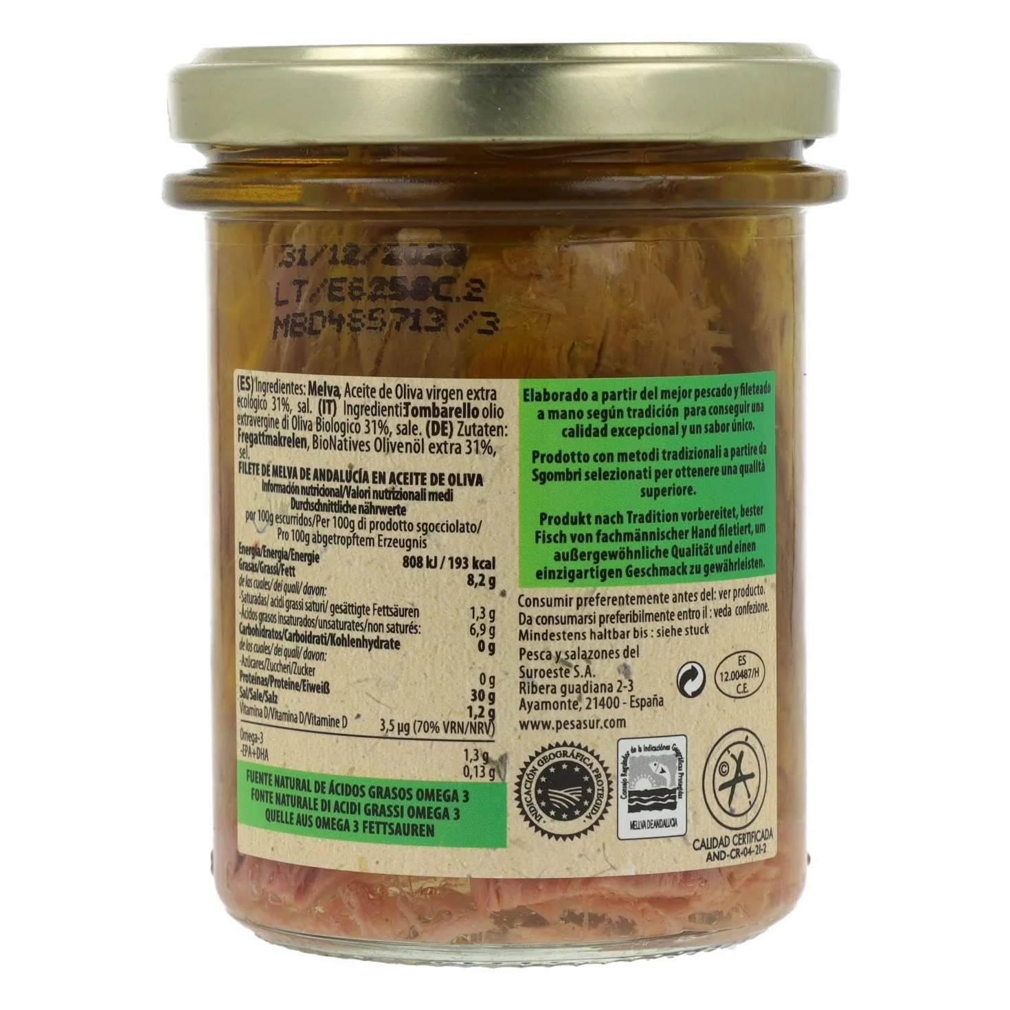 Filetes de melva de Andalucía en tarro de cristal Pesasur, 195 g