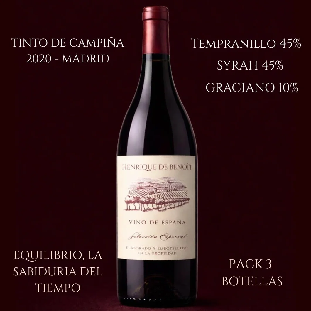 Henrique de Benoît® Vino Tinto Premium Reserva 2020 Pack 3 Botellas 750 ml | Tempranillo 45% Syrah 45%, Graciano 10% | 12 Meses Barrica + 5 Años Botella | Regalo Gourmet Vino Tinto Campiña - Madrid