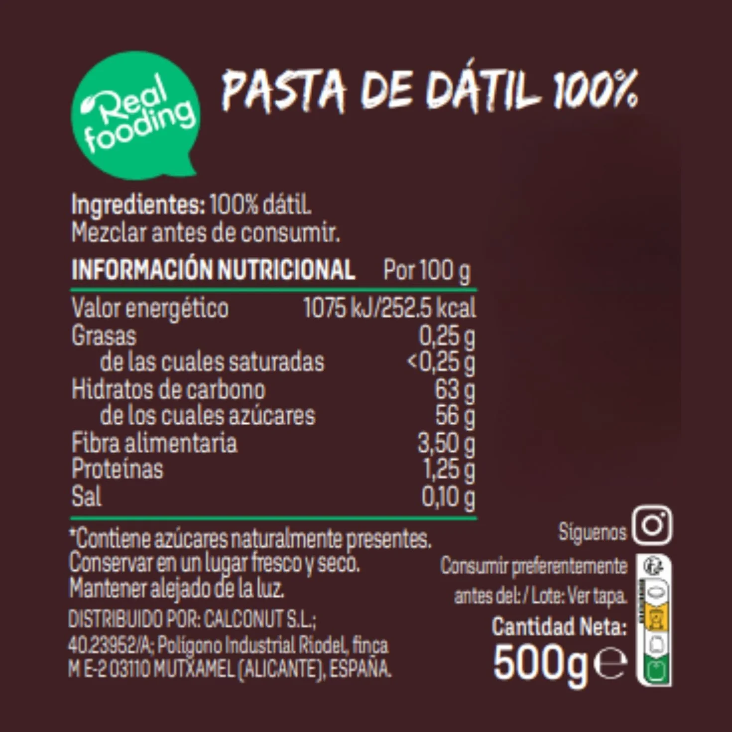 REALFOODING ‎Nut&me - Pasta de dátil REALFOODING 500 gr, Sin Lactosa, Sin Gluten, 100% Dátil