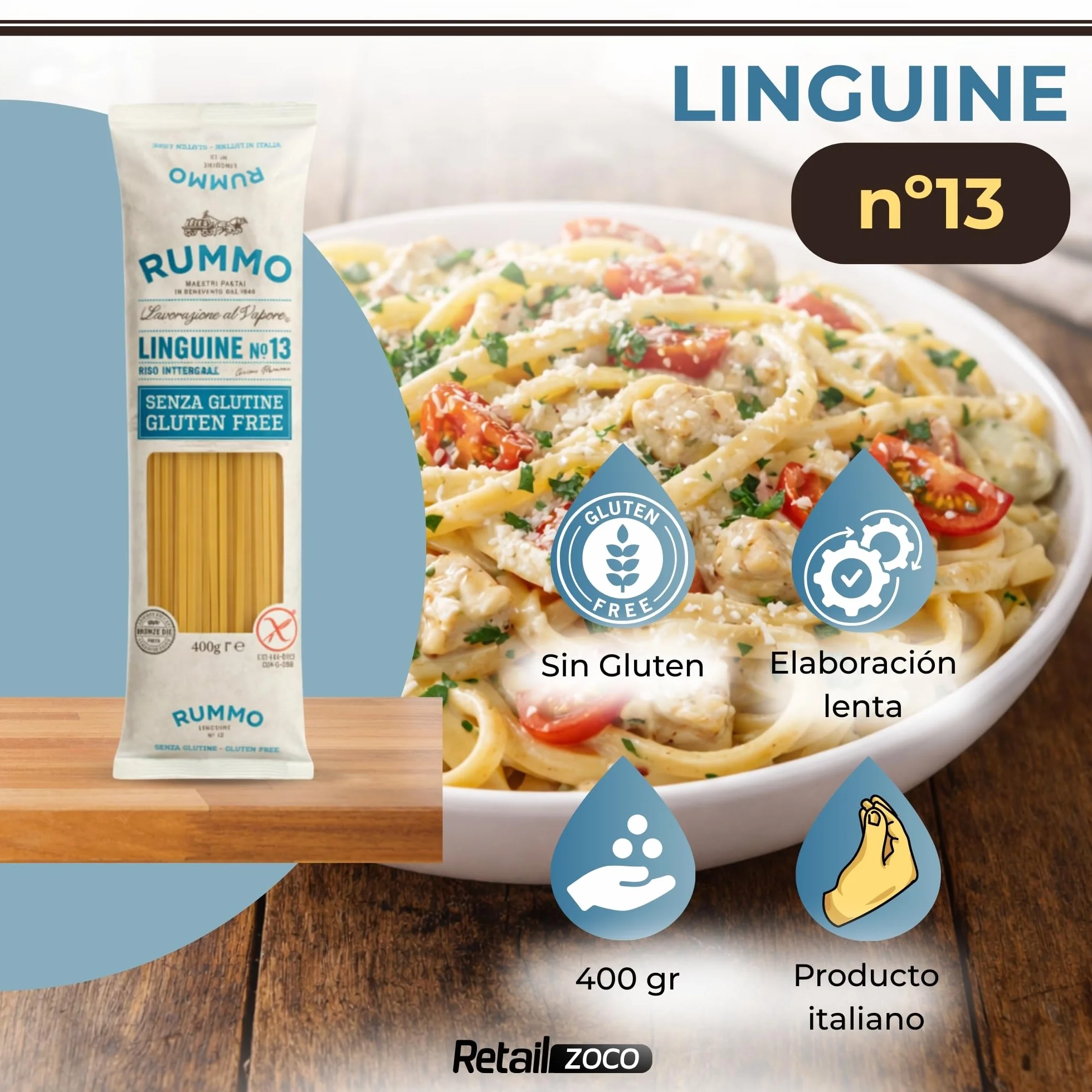 Linguine Rummo Nº13, Pasta Italiana, Pasta sin gluten, Pasta alimenticia con harina de arroz integral y maíz, Sin gluten, Elaboración lenta, 3 Paquete de 400 gr