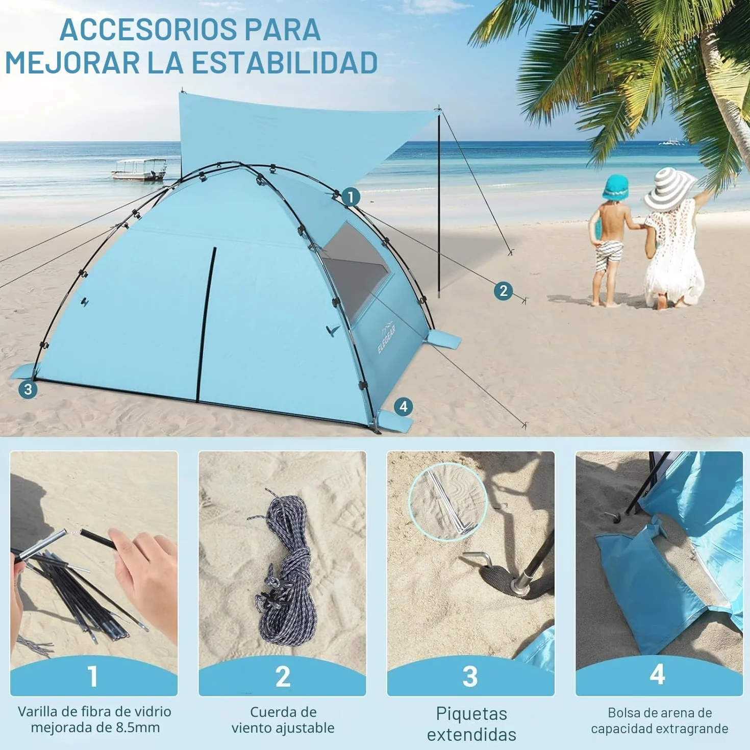Elegear Tienda de Playa 6-8 Personas Protección UV UPF 50+ Portátil 260x165x150cm Azul